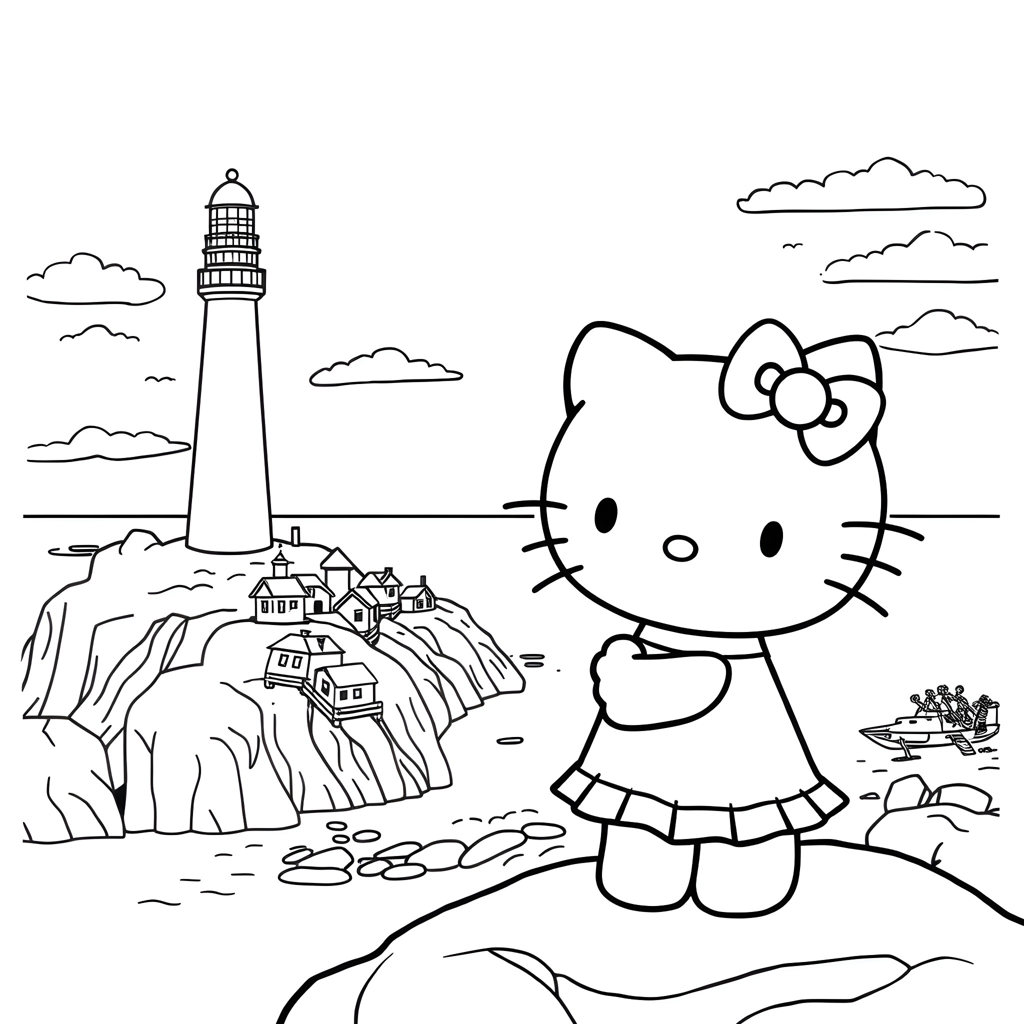 Hello Kitty explores the scenic lighthouse by the ocean Coloring Page (free black-and-white line drawing printable PDF for all, from beginners to advanced learners, including children, teens, adults, and seniors)
