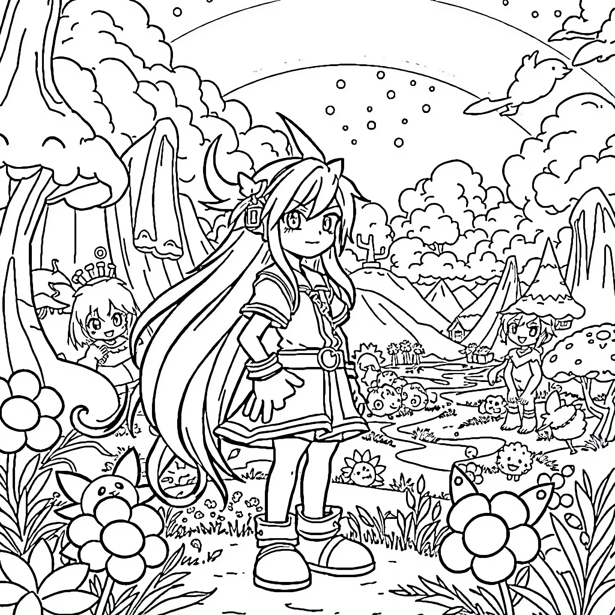 Sora's Adventure in the Magical Forest Coloring Page (free black-and-white line drawing printable PDF for all, from beginners to advanced learners, including children, teens, adults, and seniors)