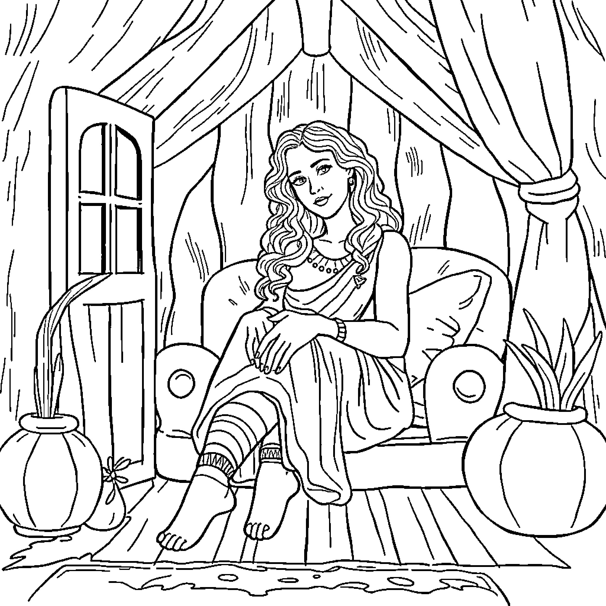 Sappho sitting contemplatively in a cozy interior Coloring Page (free black-and-white line drawing printable PDF for all, from beginners to advanced learners, including children, teens, adults, and seniors)