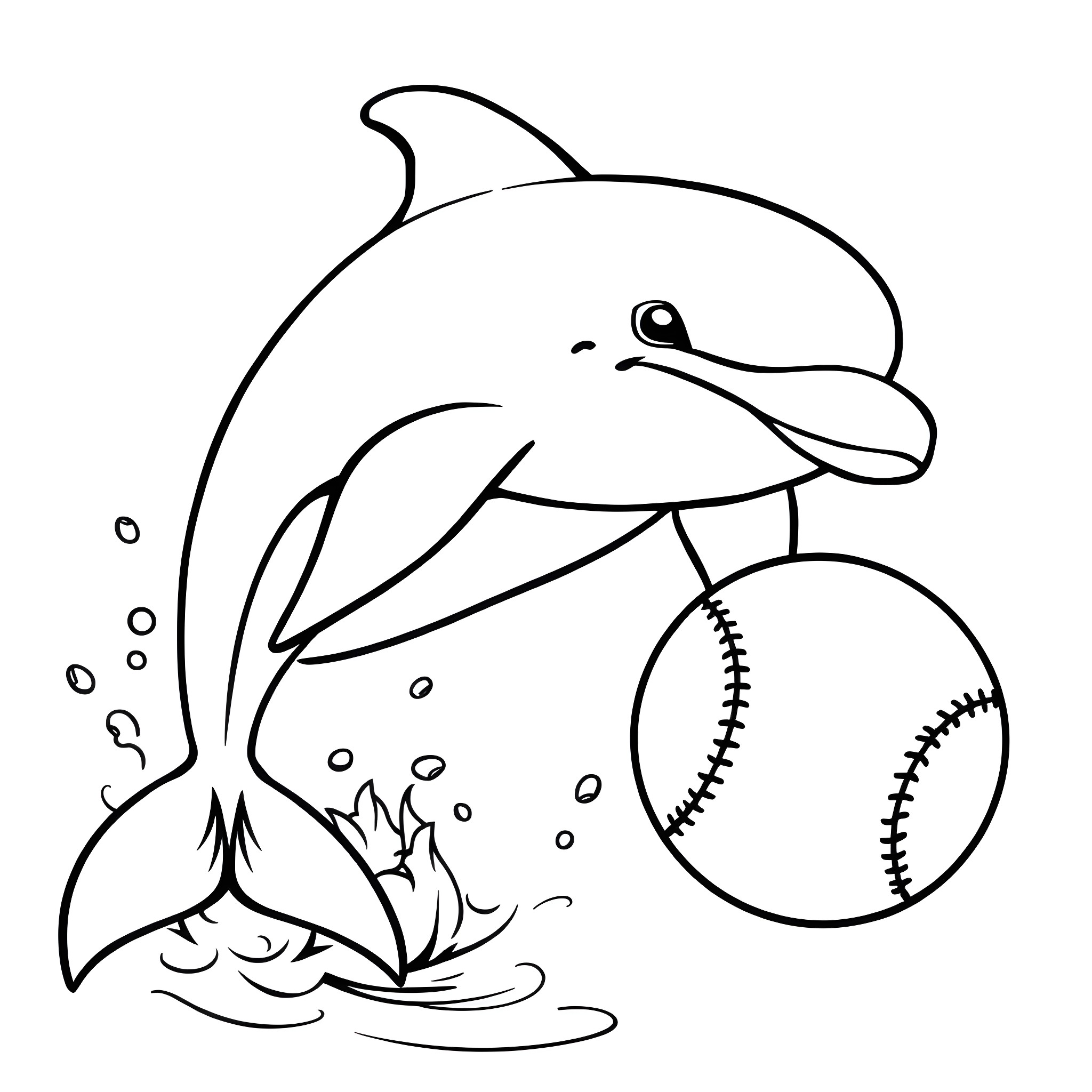 Dolphin playing with baseball in the water Coloring Page (free black-and-white line drawing printable PDF for all, from beginners to advanced learners, including children, teens, adults, and seniors)