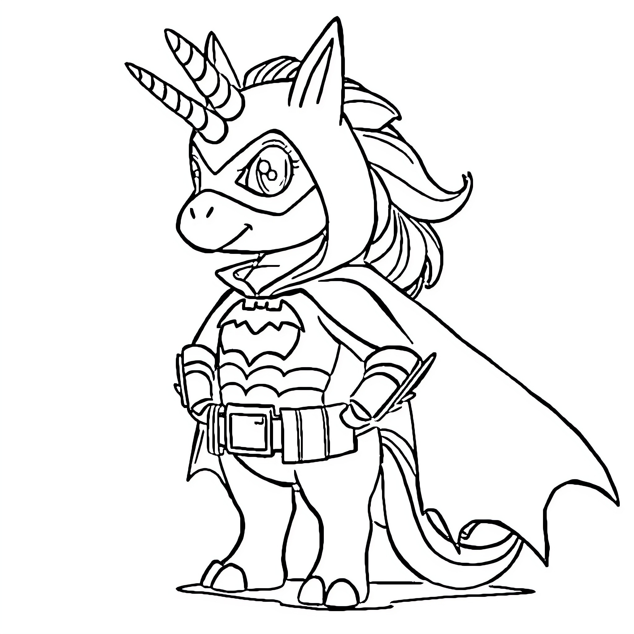 Batman Unicorn in Superhero Costume Coloring Page (free black-and-white line drawing printable PDF for all, from beginners to advanced learners, including children, teens, adults, and seniors)