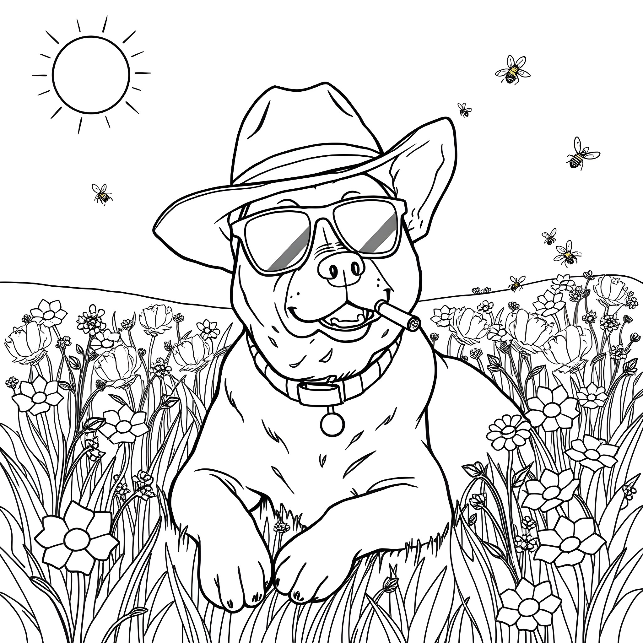 Dog wearing sunglasses exploring the garden Coloring Page (free black-and-white line drawing printable PDF for all, from beginners to advanced learners, including children, teens, adults, and seniors)