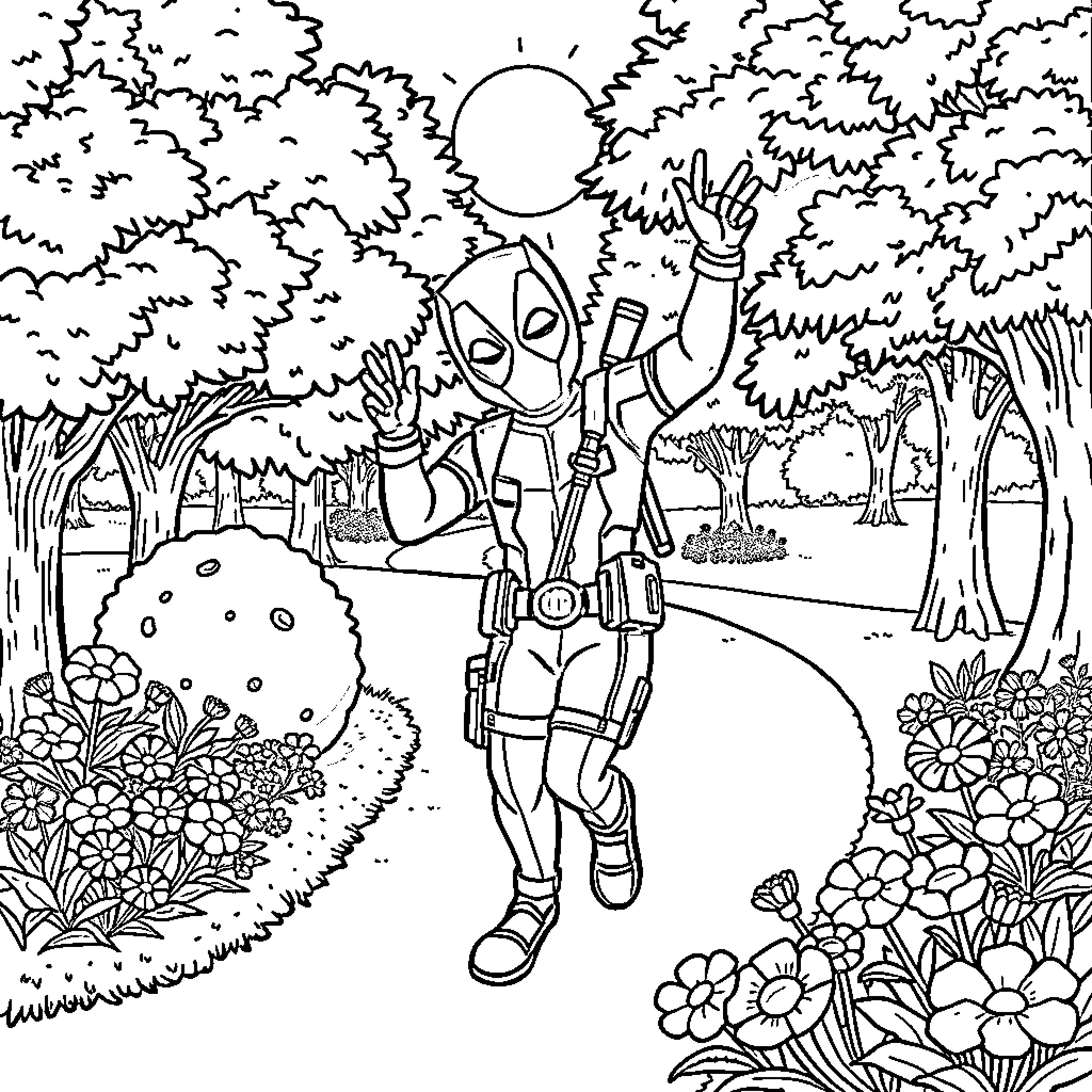 Deadpool's Whimsical Forest Adventure Coloring Page (free black-and-white line drawing printable PDF for all, from beginners to advanced learners, including children, teens, adults, and seniors)