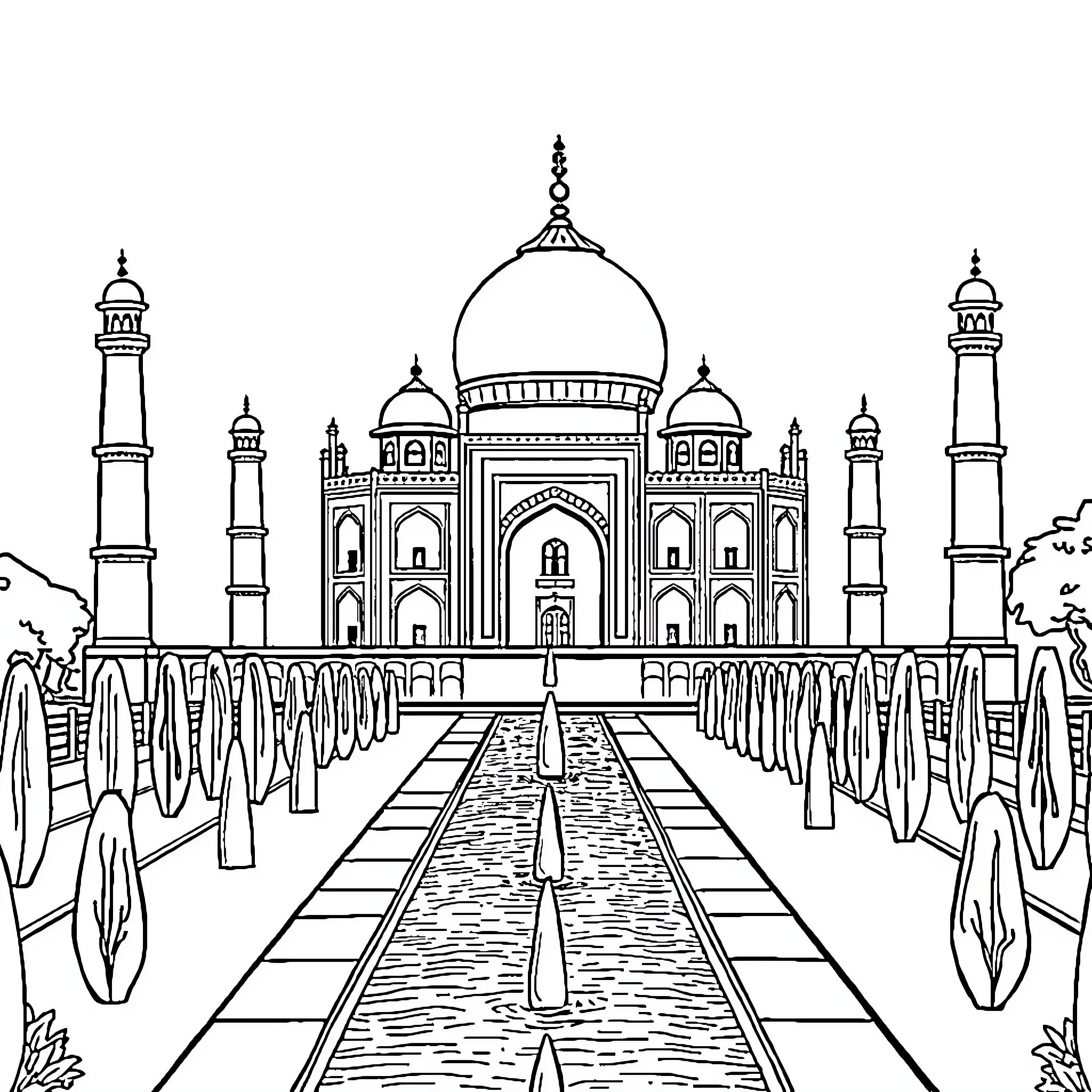 Taj Mahal, a Magnificent Architectural Wonder Coloring Page (free black-and-white line drawing printable PDF for all, from beginners to advanced learners, including children, teens, adults, and seniors)