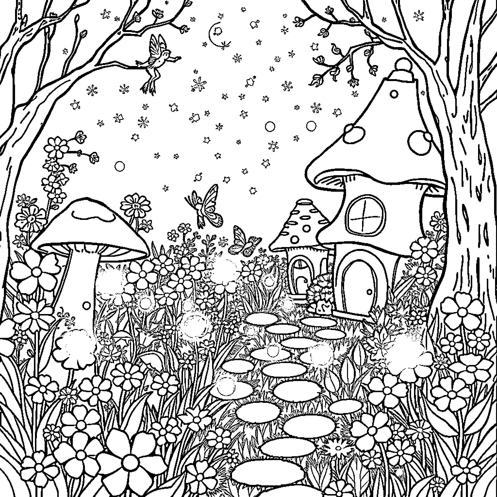 Fairy Forest Scene with Mushroom Cottage Coloring Page (free black-and-white line drawing printable PDF for all, from beginners to advanced learners, including children, teens, adults, and seniors)