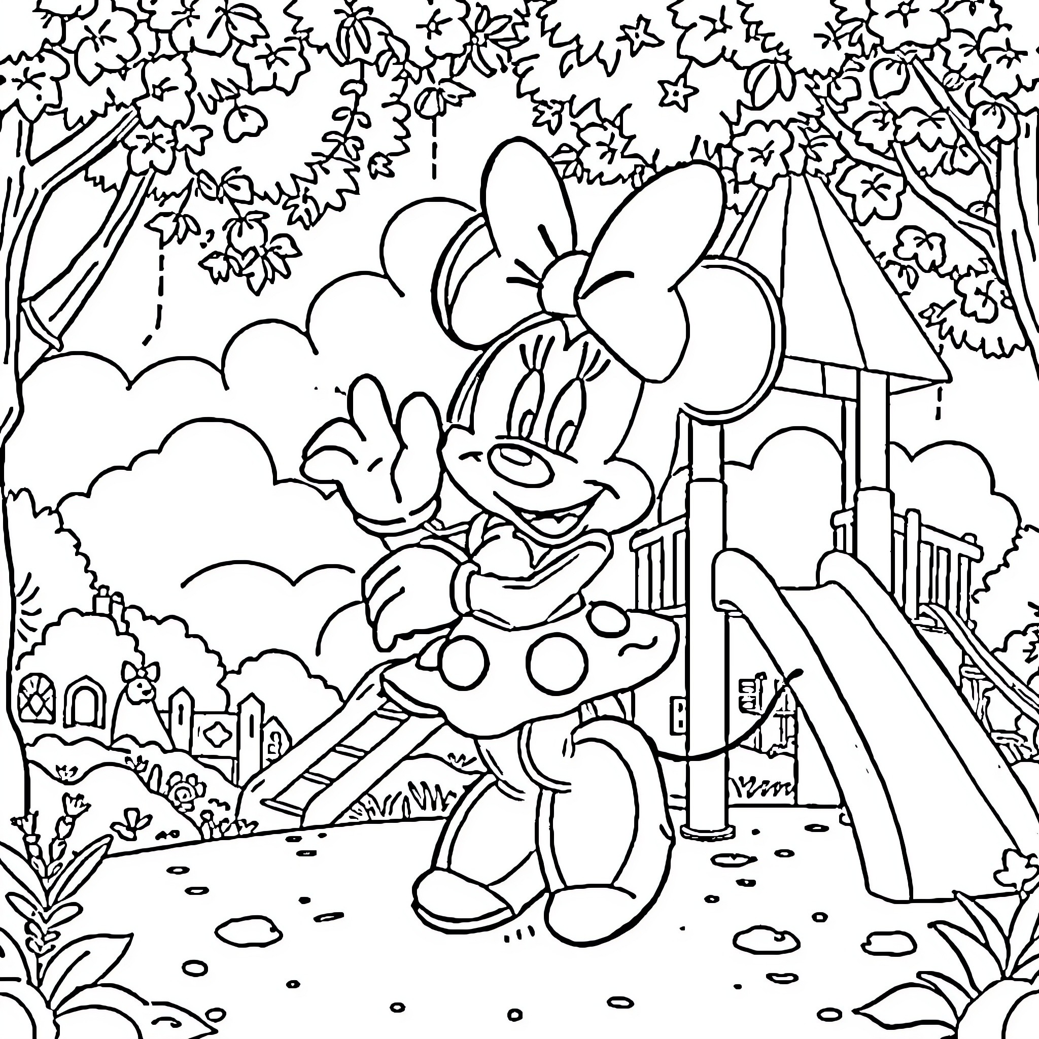 Minnie Mouse enjoying a day at the park Coloring Page (free black-and-white line drawing printable PDF for all, from beginners to advanced learners, including children, teens, adults, and seniors)