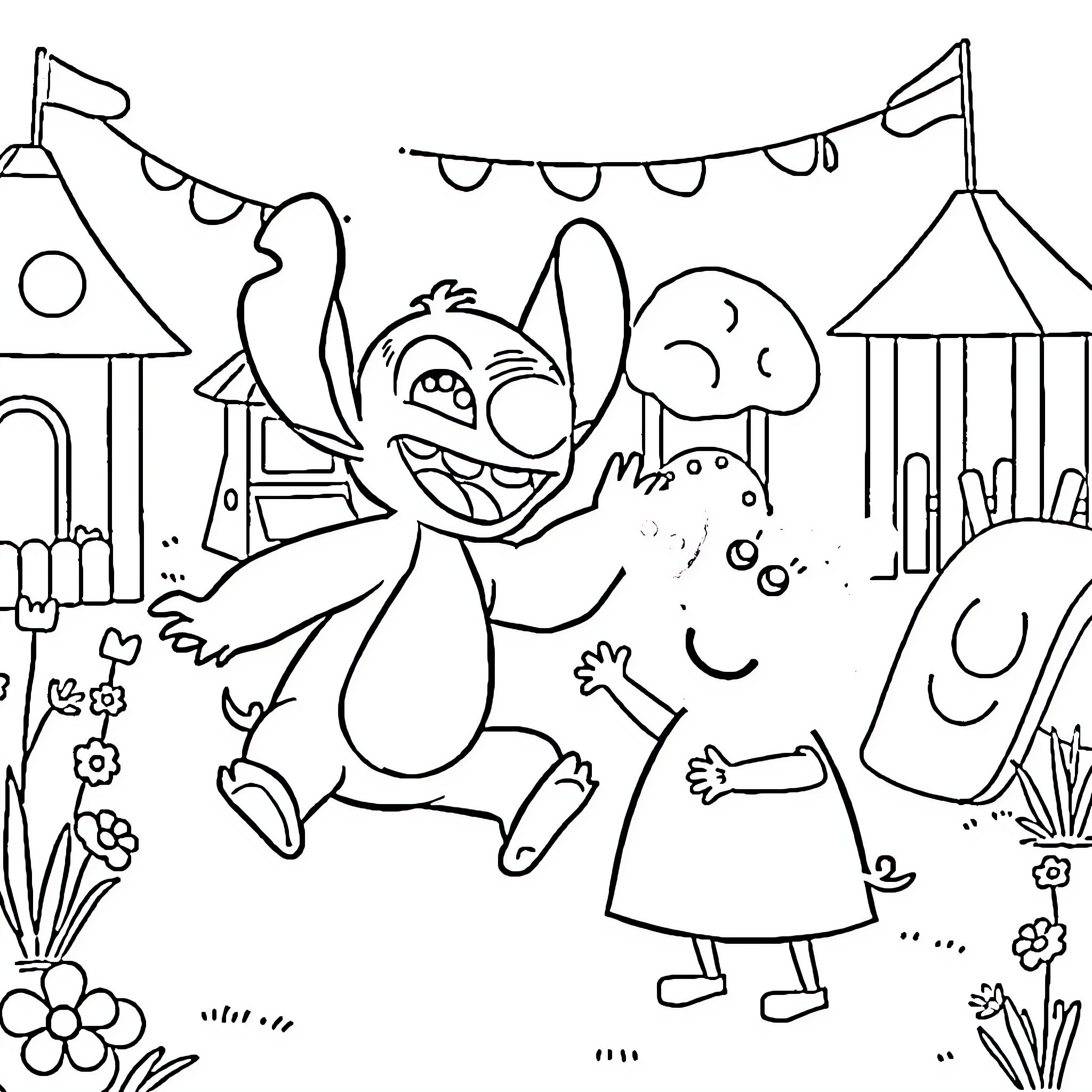 Stitch enjoying a cheerful carnival with friends Coloring Page (free black-and-white line drawing printable PDF for all, from beginners to advanced learners, including children, teens, adults, and seniors)