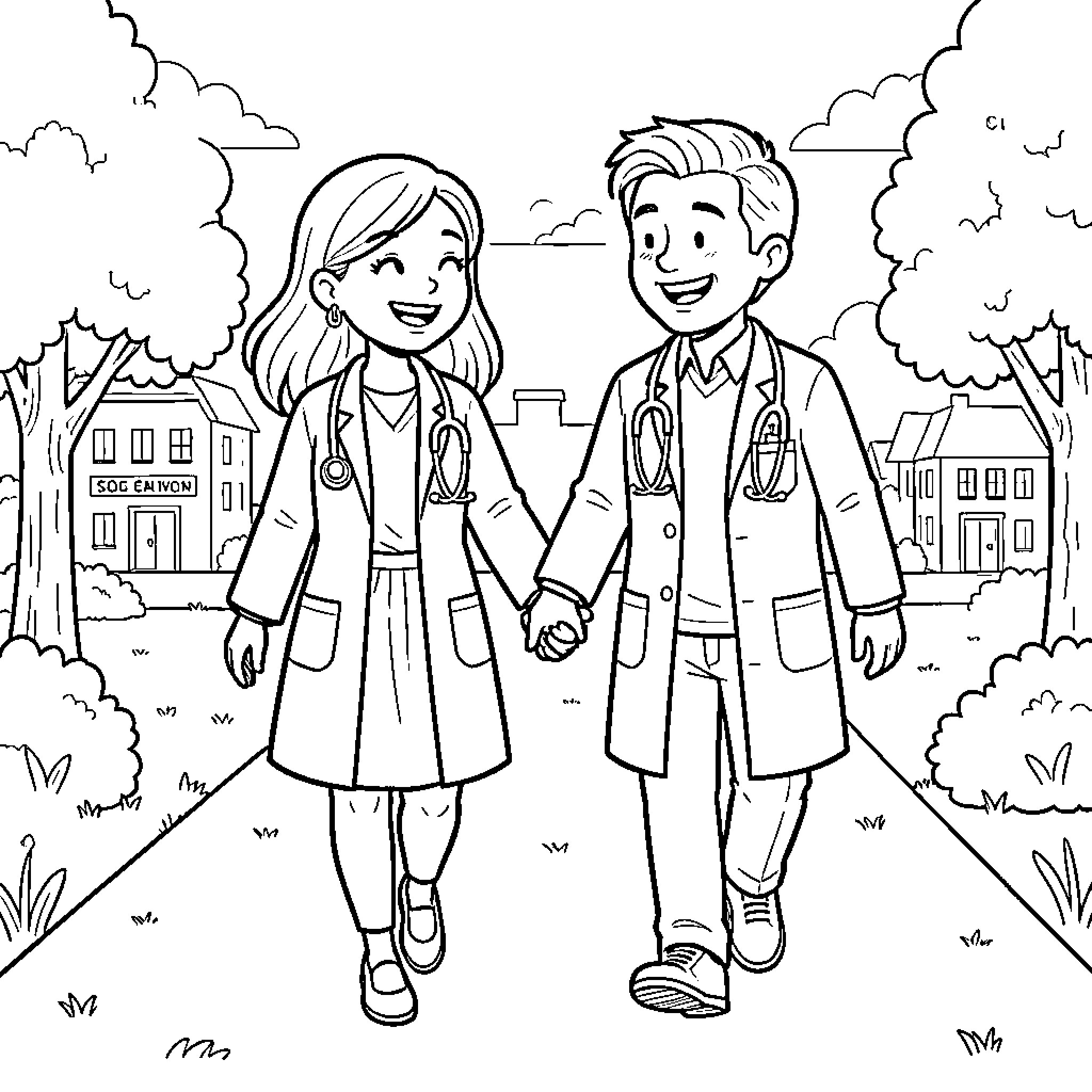 Médicos passeando juntos no parque Coloring Page (free black-and-white line drawing printable PDF for all, from beginners to advanced learners, including children, teens, adults, and seniors)