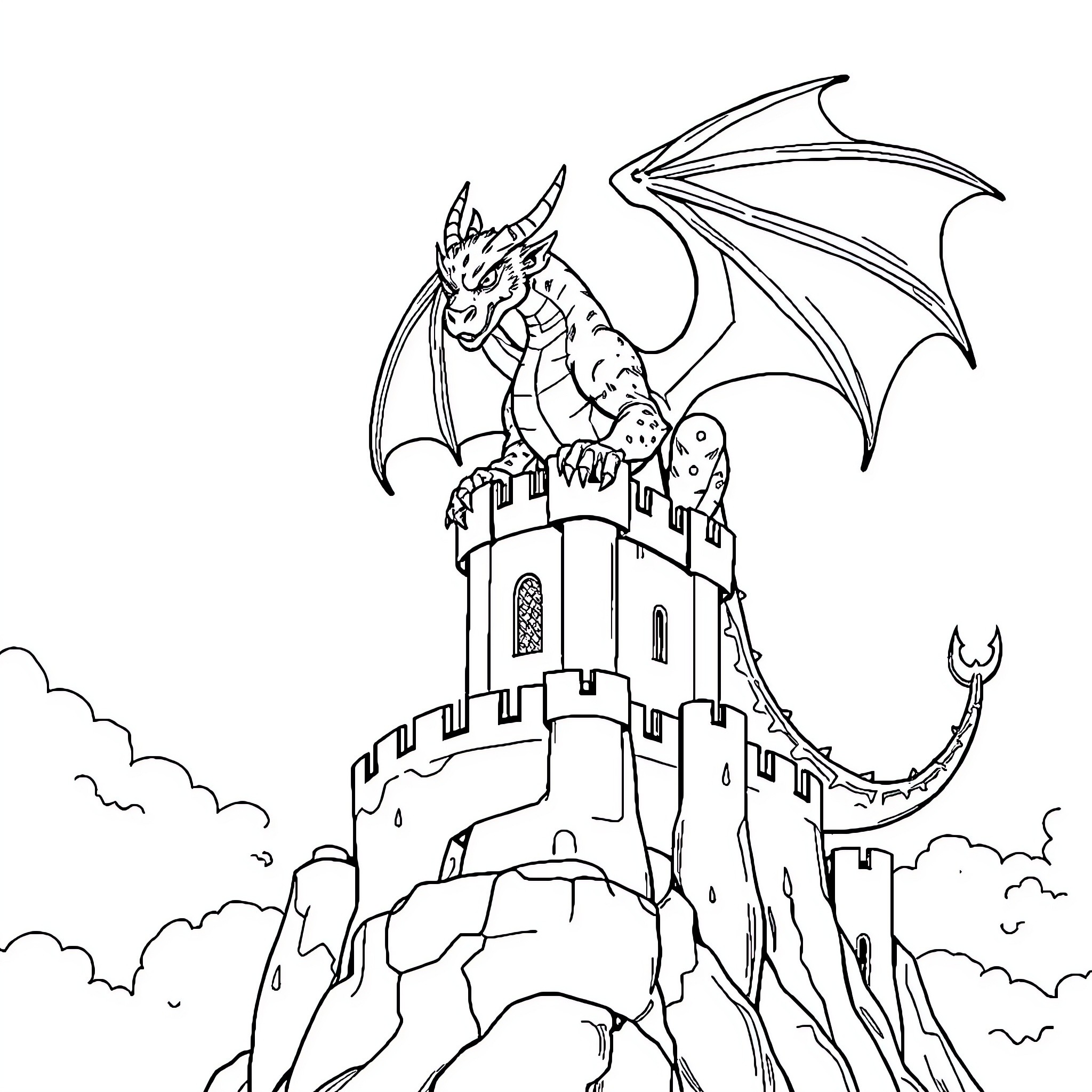 Dragon guarding a medieval castle on a cliff Coloring Page (free black-and-white line drawing printable PDF for all, from beginners to advanced learners, including children, teens, adults, and seniors)