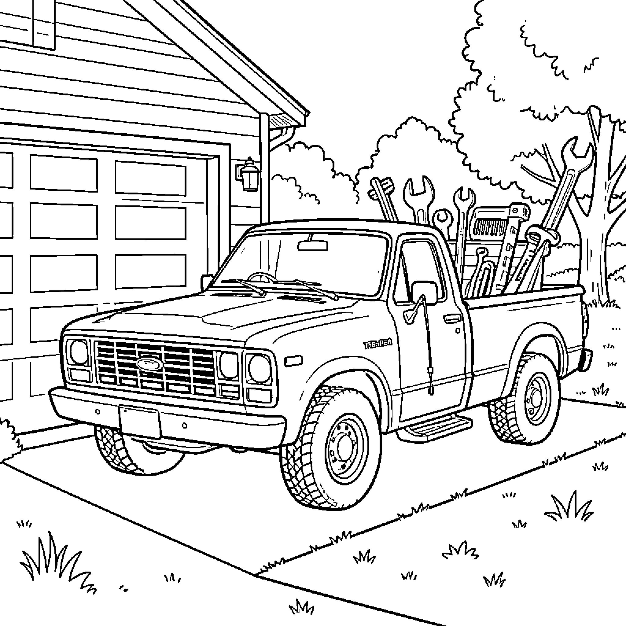 Pickup Truck parked in driveway loaded with tools Coloring Page (free black-and-white line drawing printable PDF for all, from beginners to advanced learners, including children, teens, adults, and seniors)