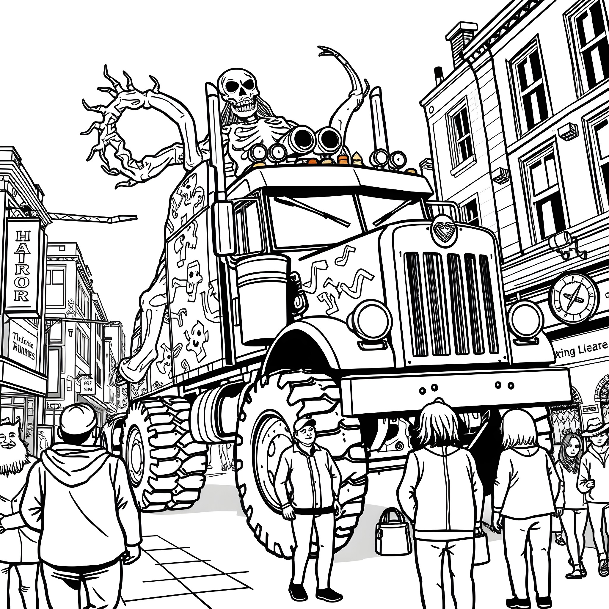 Monster Truck Spectacle in the City Coloring Page (free black-and-white line drawing printable PDF for all, from beginners to advanced learners, including children, teens, adults, and seniors)