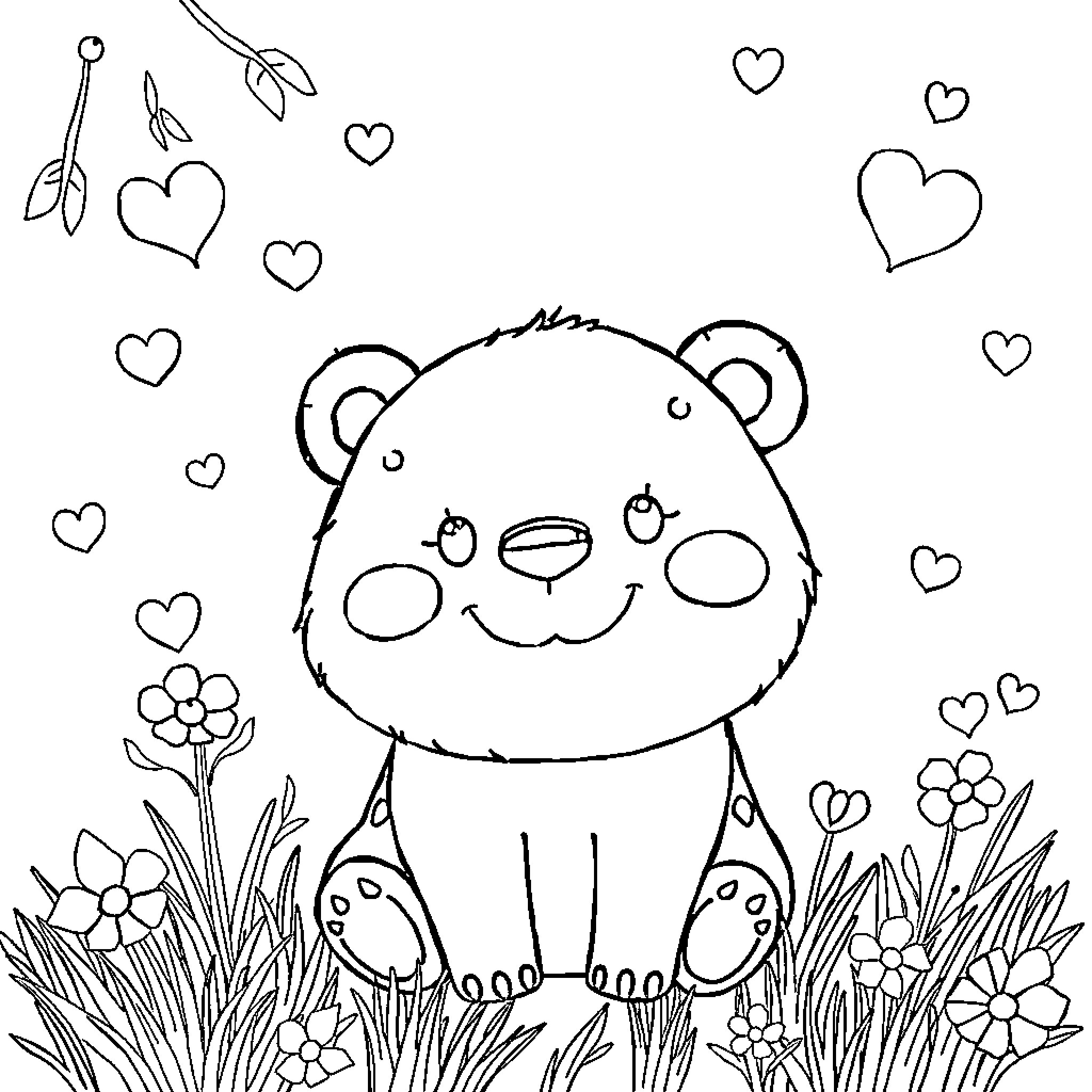 Teddy Bear in a Flower Garden Coloring Page (free black-and-white line drawing printable PDF for all, from beginners to advanced learners, including children, teens, adults, and seniors)