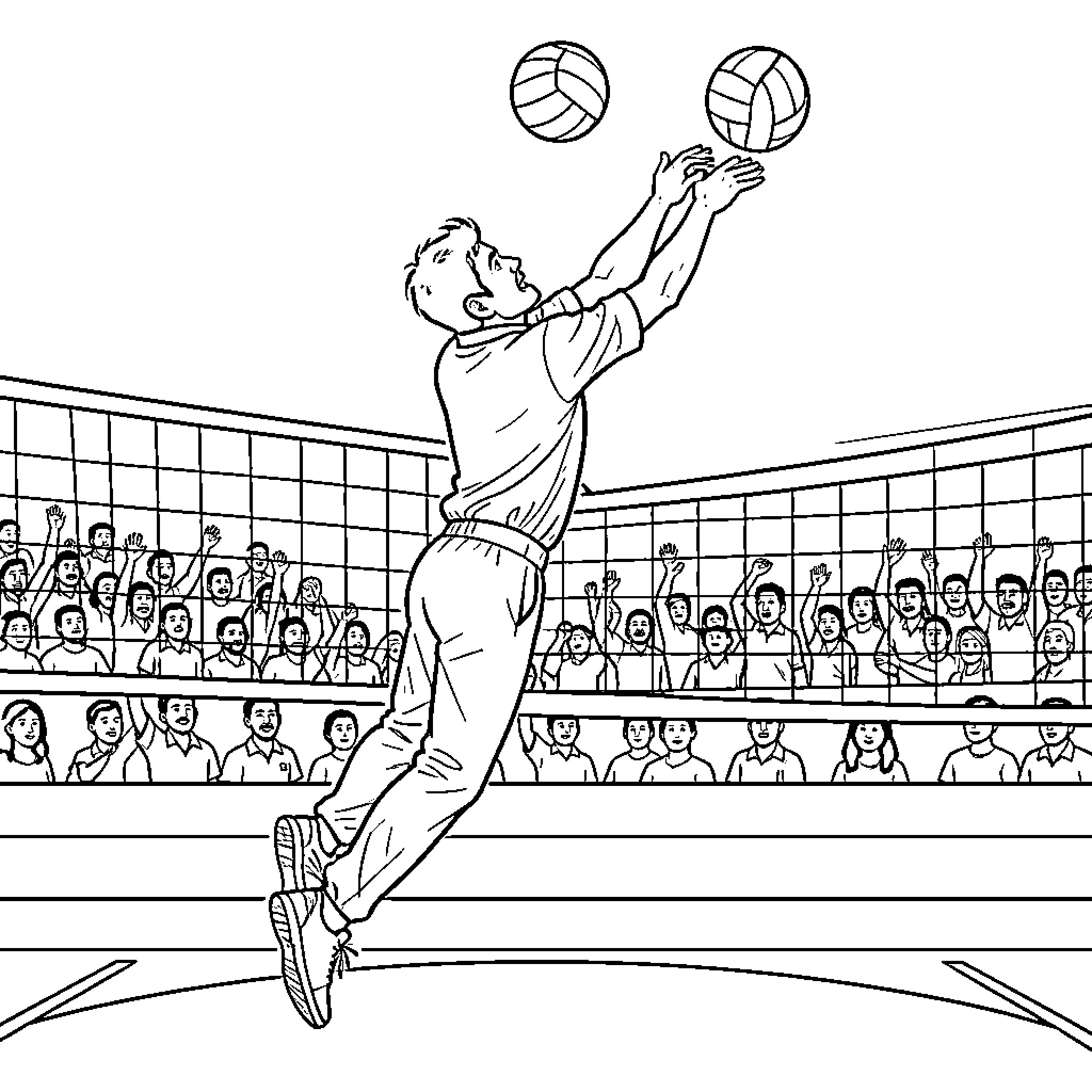 Sachin Tendulkar jumping to hit volleyballs over the net Coloring Page (free black-and-white line drawing printable PDF for all, from beginners to advanced learners, including children, teens, adults, and seniors)