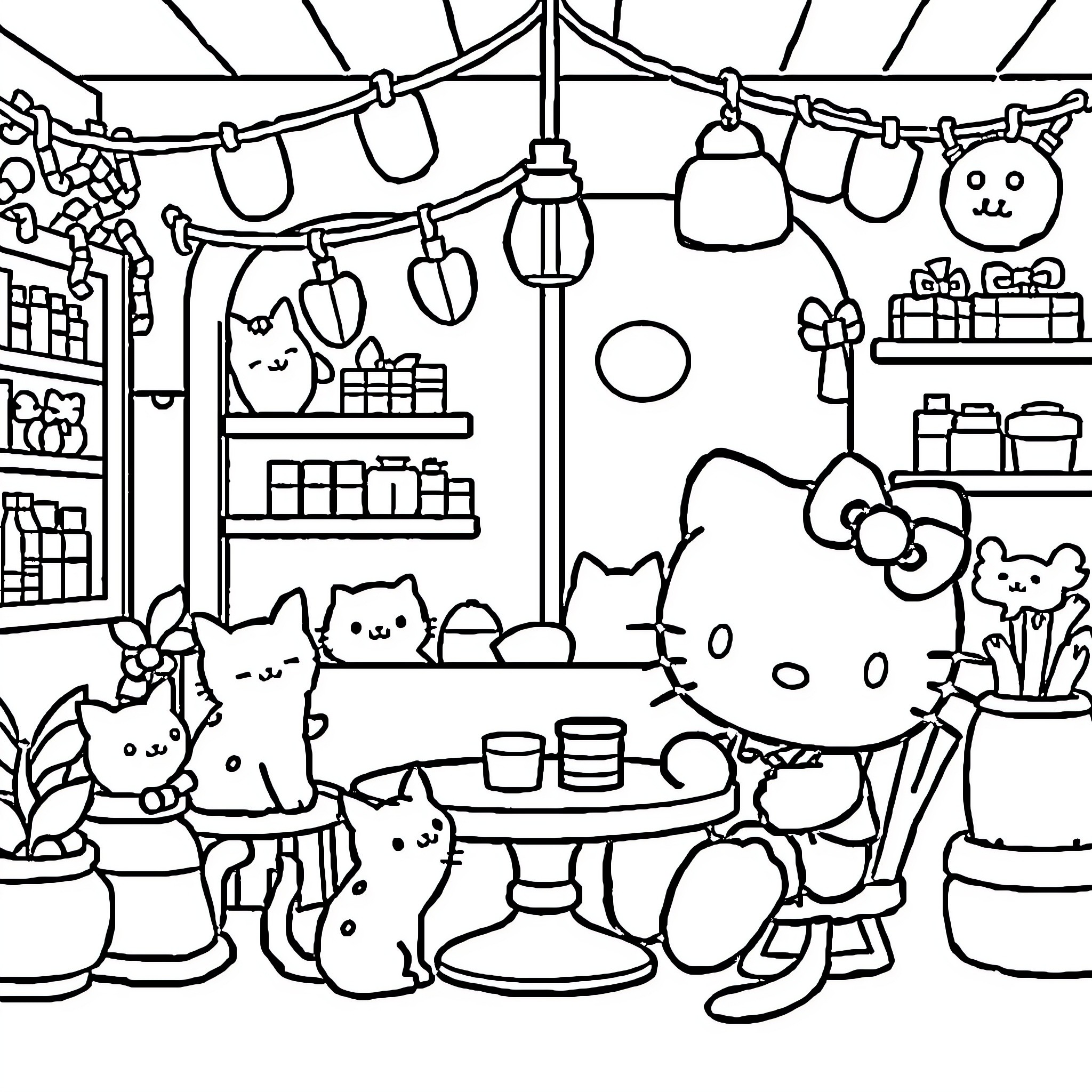 Hello Kitty and Friends Enjoying a Cozy Café Coloring Page (free black-and-white line drawing printable PDF for all, from beginners to advanced learners, including children, teens, adults, and seniors)
