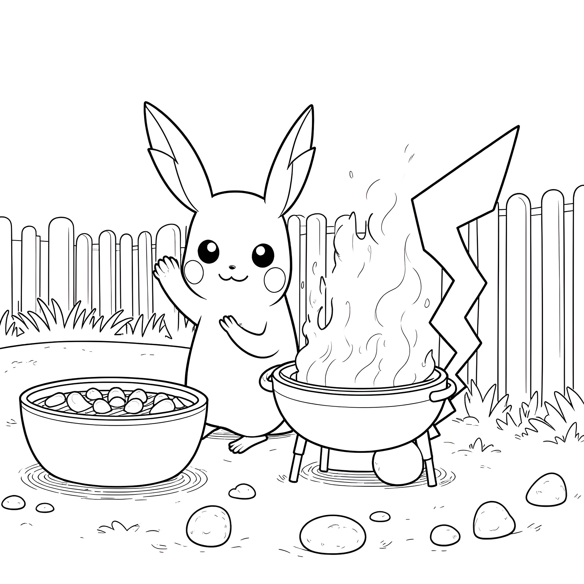 Pikachu enjoying a barbecue in the backyard Coloring Page (free black-and-white line drawing printable PDF for all, from beginners to advanced learners, including children, teens, adults, and seniors)