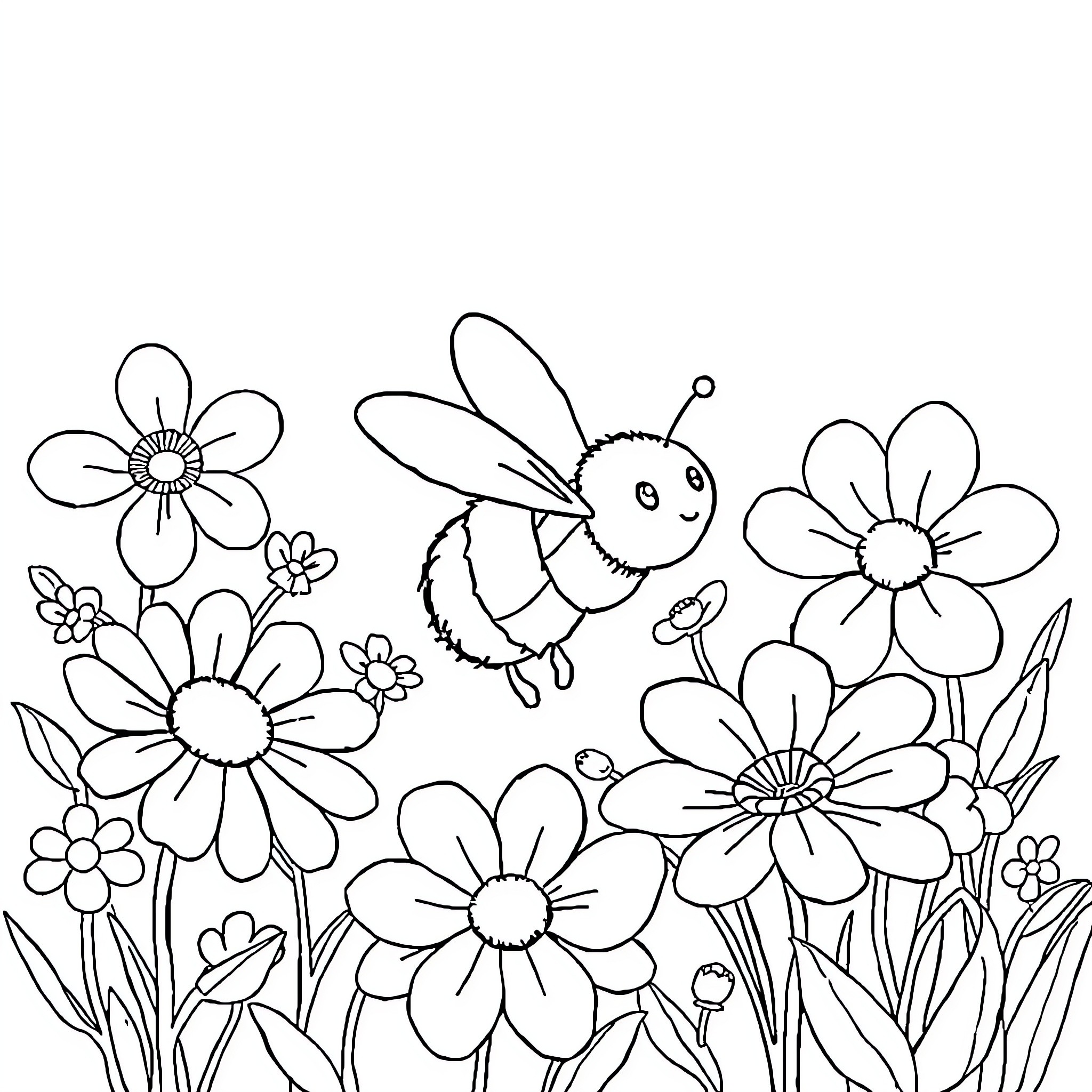 Bee surrounded by blooming flowers Coloring Page (free black-and-white line drawing printable PDF for all, from beginners to advanced learners, including children, teens, adults, and seniors)