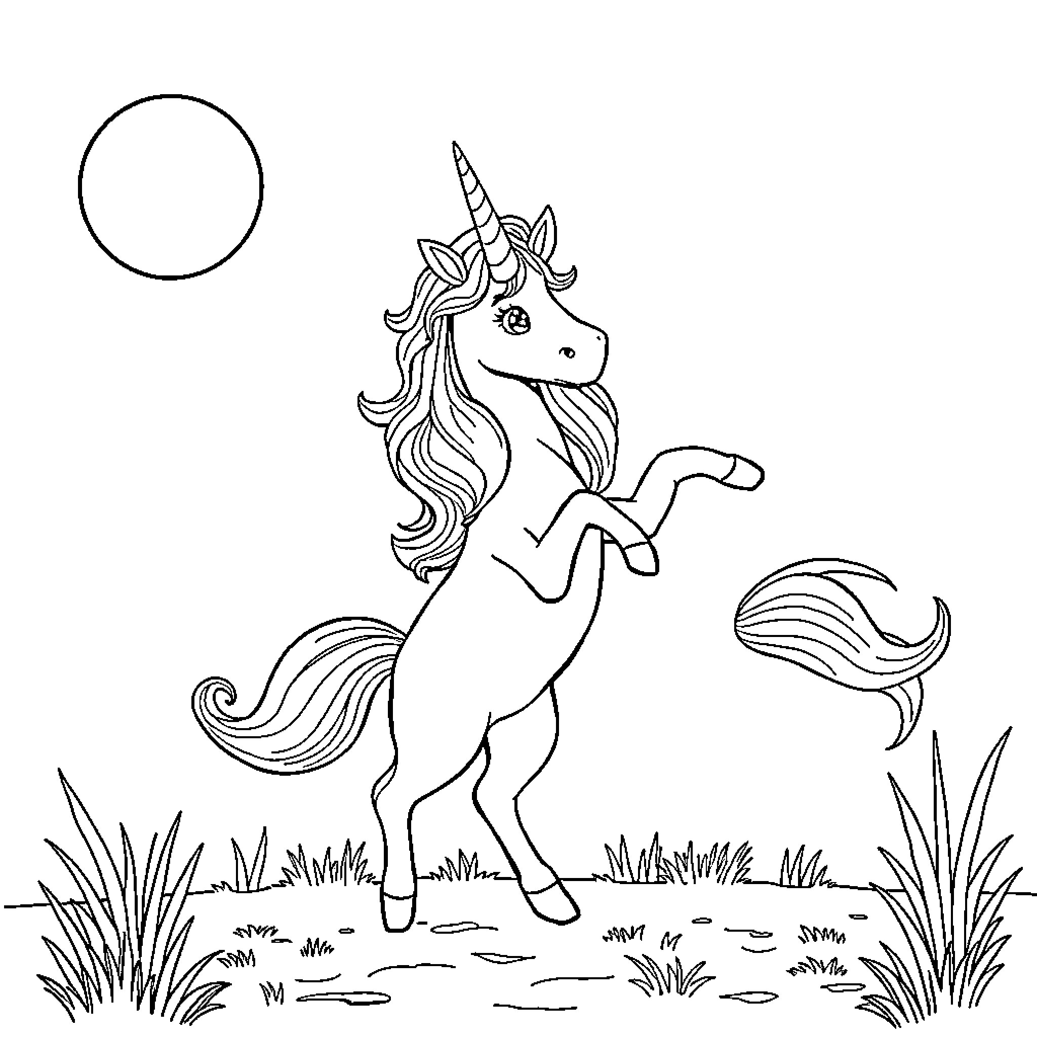 Unicorn standing gracefully in a field Coloring Page (free black-and-white line drawing printable PDF for all, from beginners to advanced learners, including children, teens, adults, and seniors)