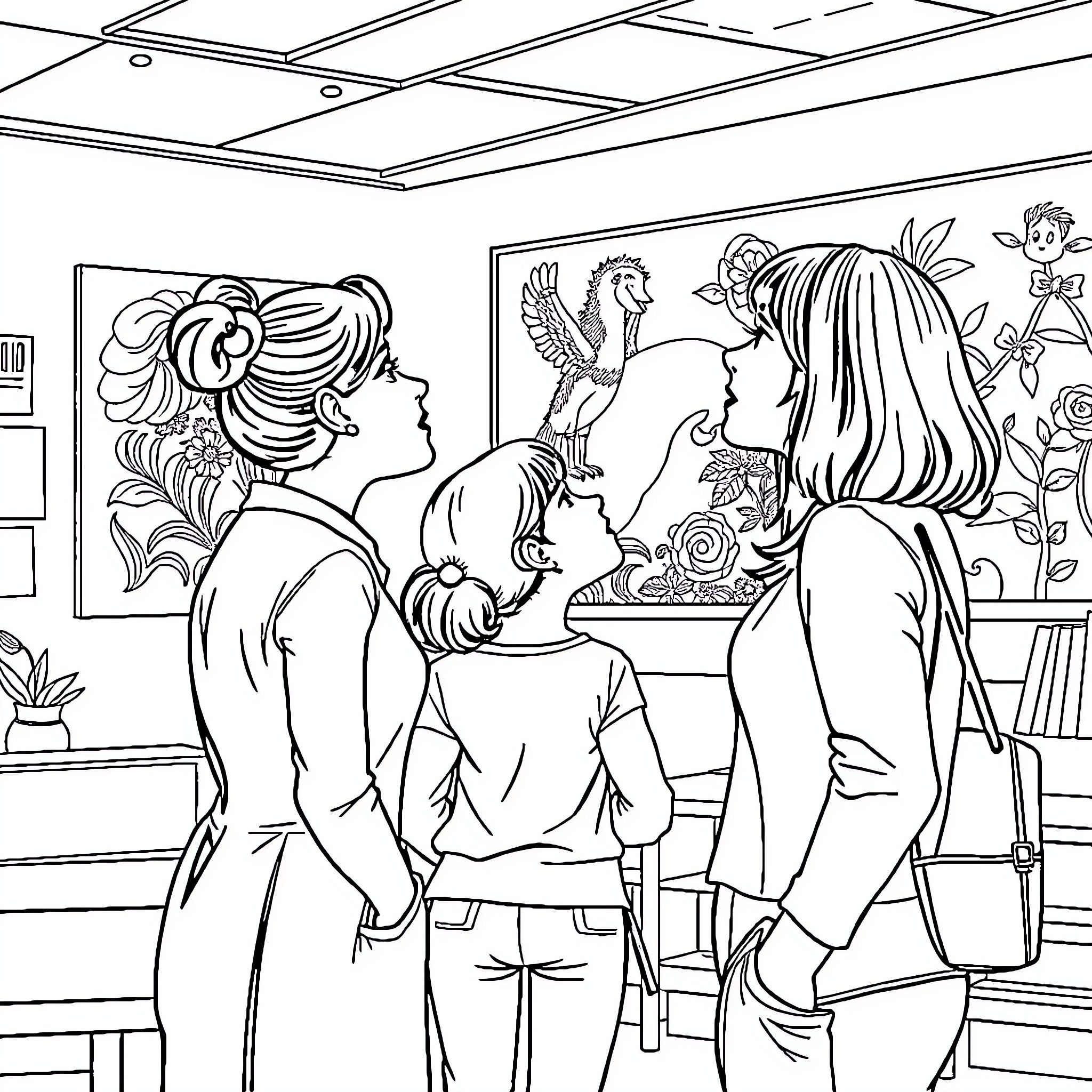 Teacher guiding students in art classroom Coloring Page (free black-and-white line drawing printable PDF for all, from beginners to advanced learners, including children, teens, adults, and seniors)