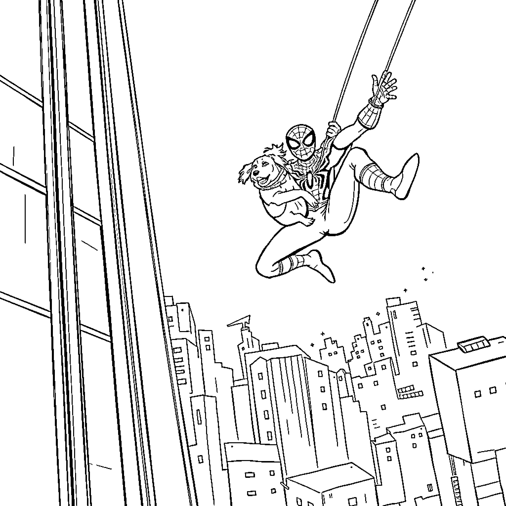 Woman superhero swinging through cityscape Coloring Page (free black-and-white line drawing printable PDF for all, from beginners to advanced learners, including children, teens, adults, and seniors)