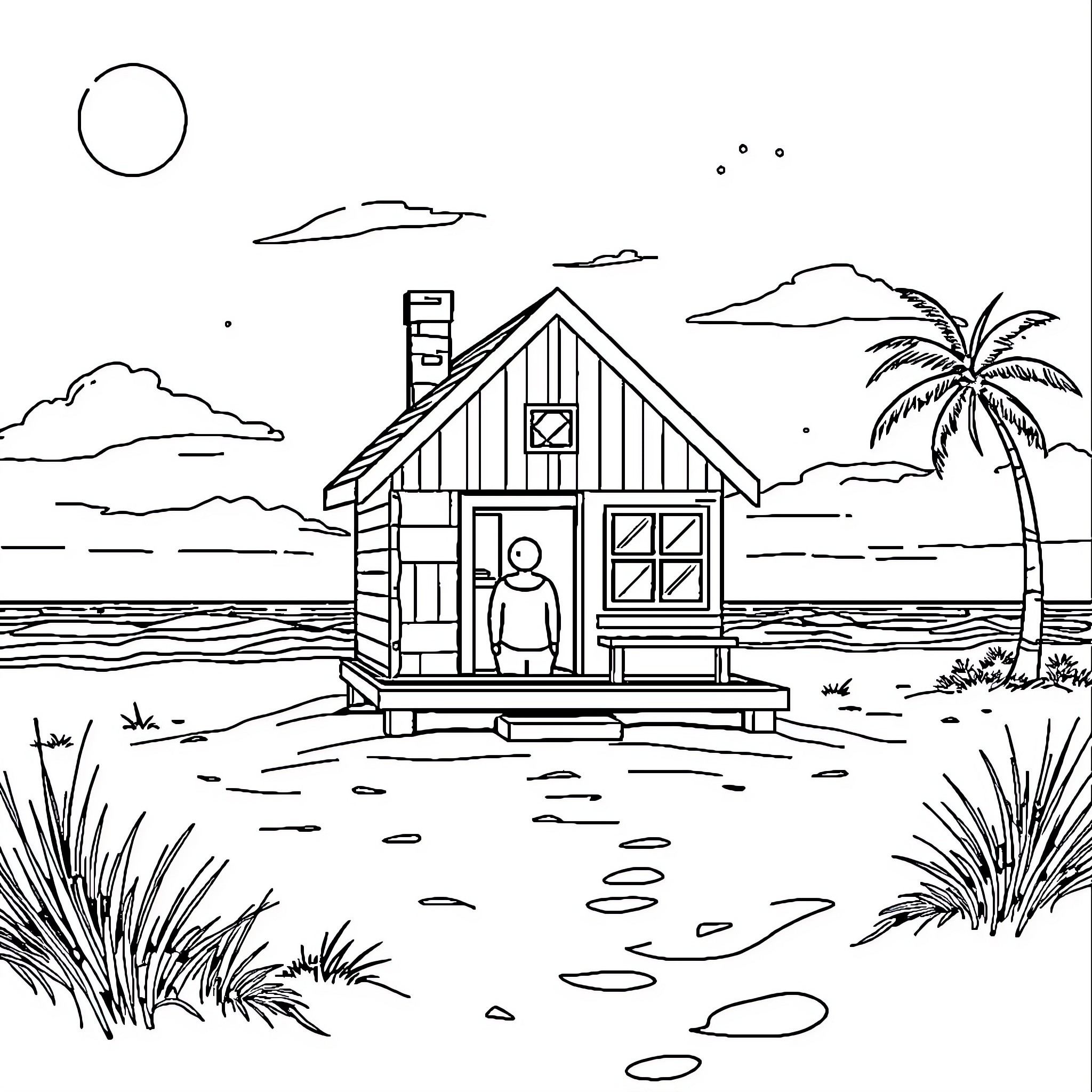 Person relaxing in a coastal cabin Coloring Page (free black-and-white line drawing printable PDF for all, from beginners to advanced learners, including children, teens, adults, and seniors)