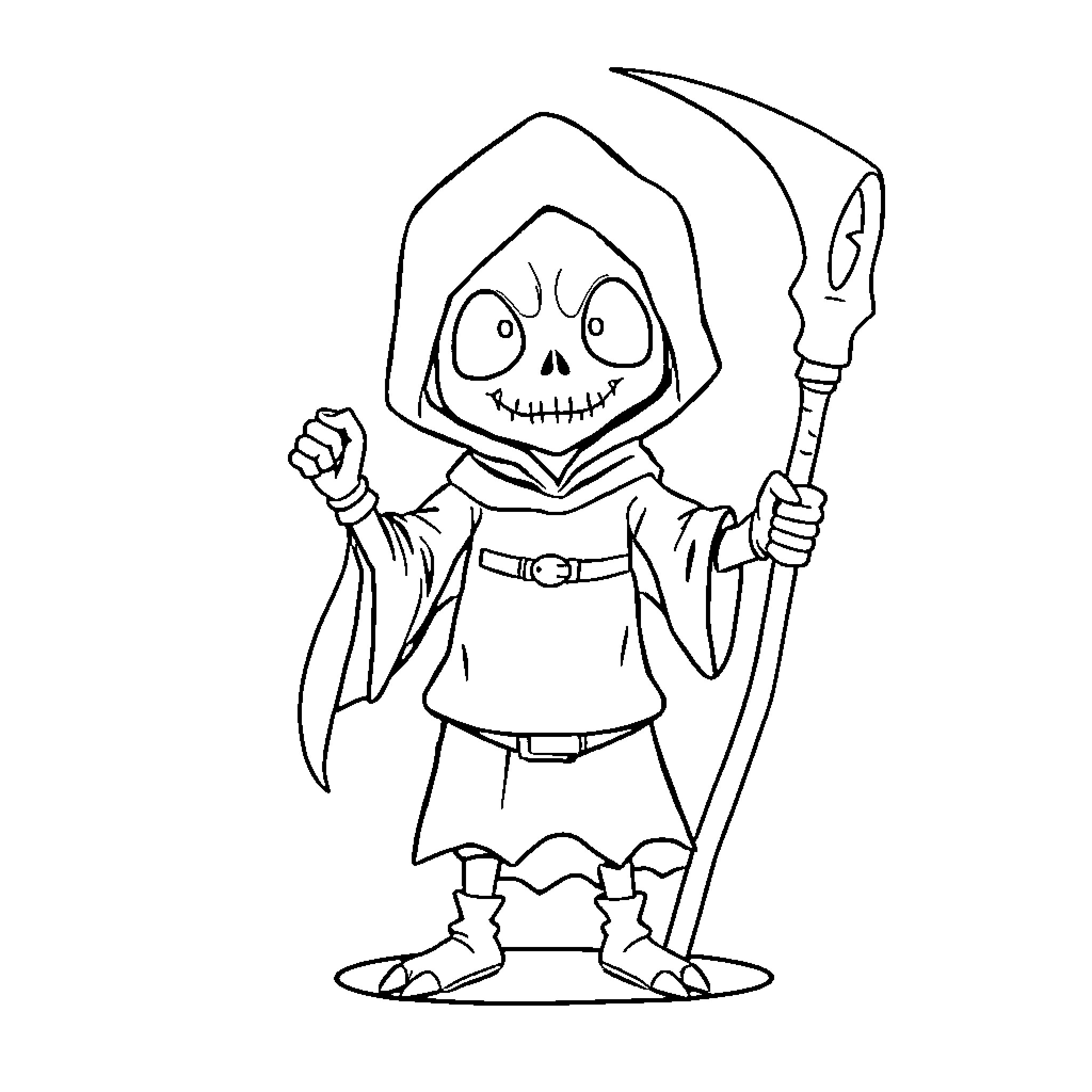 Reaper character holding a scythe Coloring Page (free black-and-white line drawing printable PDF for all, from beginners to advanced learners, including children, teens, adults, and seniors)