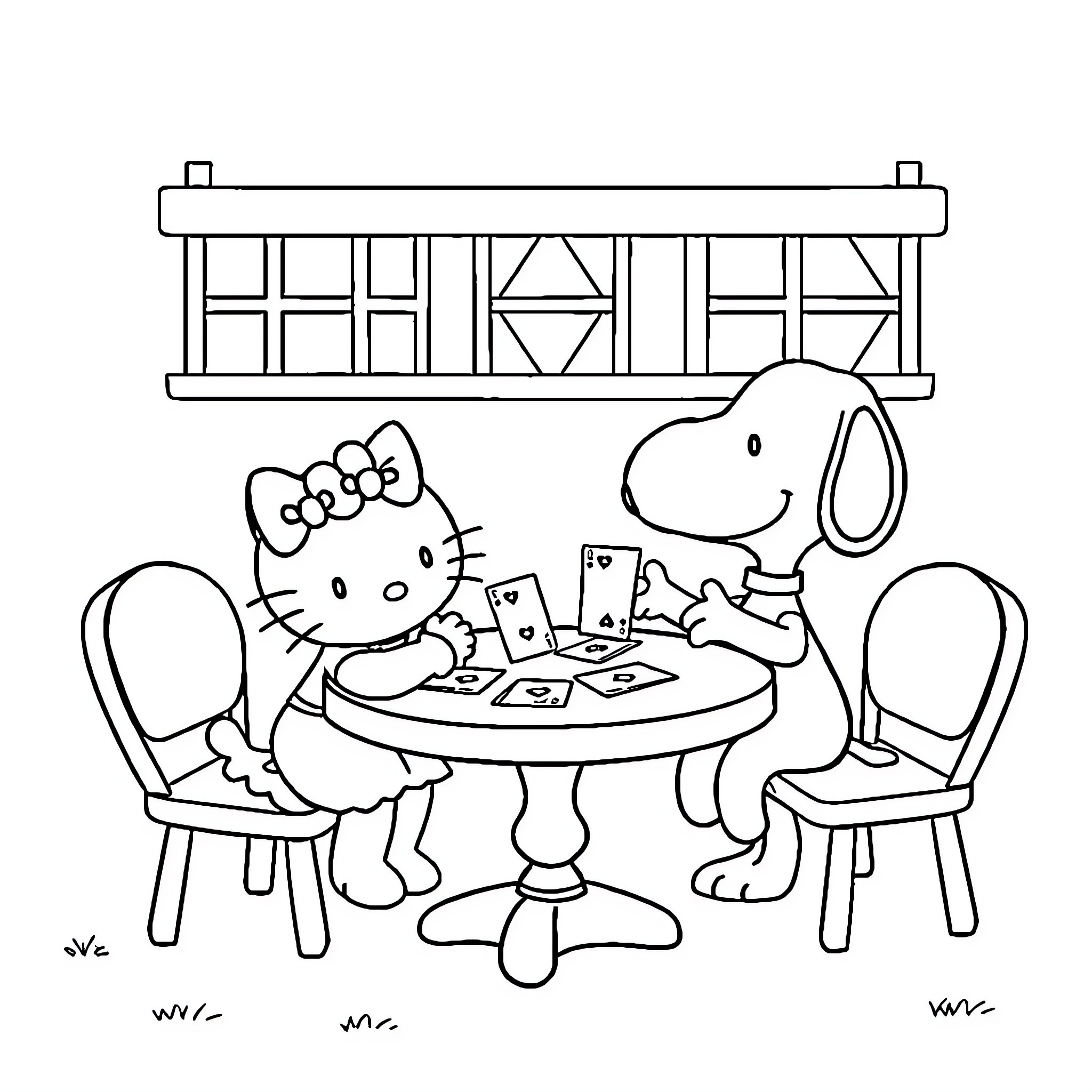 Hello Kitty playing cards with Snoopy Coloring Page (free black-and-white line drawing printable PDF for all, from beginners to advanced learners, including children, teens, adults, and seniors)