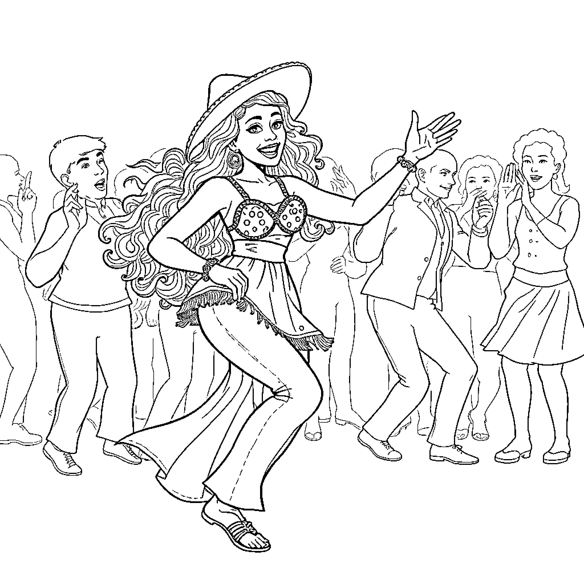 Caca's Lively Dance Party Coloring Page (free black-and-white line drawing printable PDF for all, from beginners to advanced learners, including children, teens, adults, and seniors)