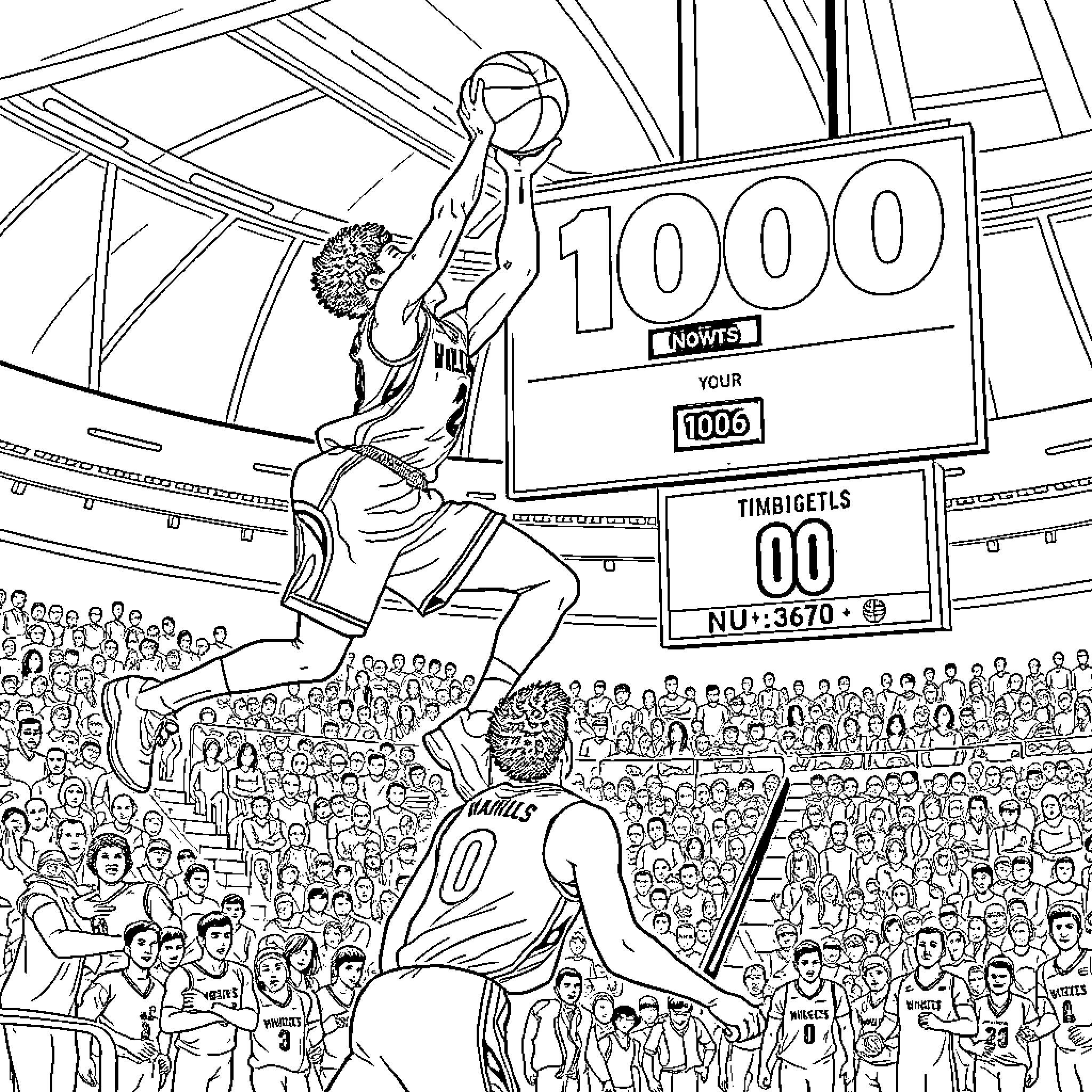 Jaden McDaniels soaring high for a slam dunk in a basketball game Coloring Page (free black-and-white line drawing printable PDF for all, from beginners to advanced learners, including children, teens, adults, and seniors)