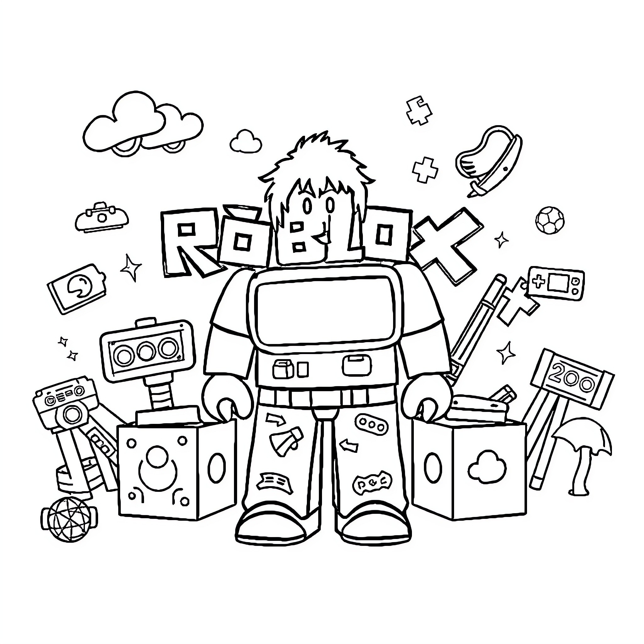Roblox character surrounded by gaming accessories Coloring Page (free black-and-white line drawing printable PDF for all, from beginners to advanced learners, including children, teens, adults, and seniors)