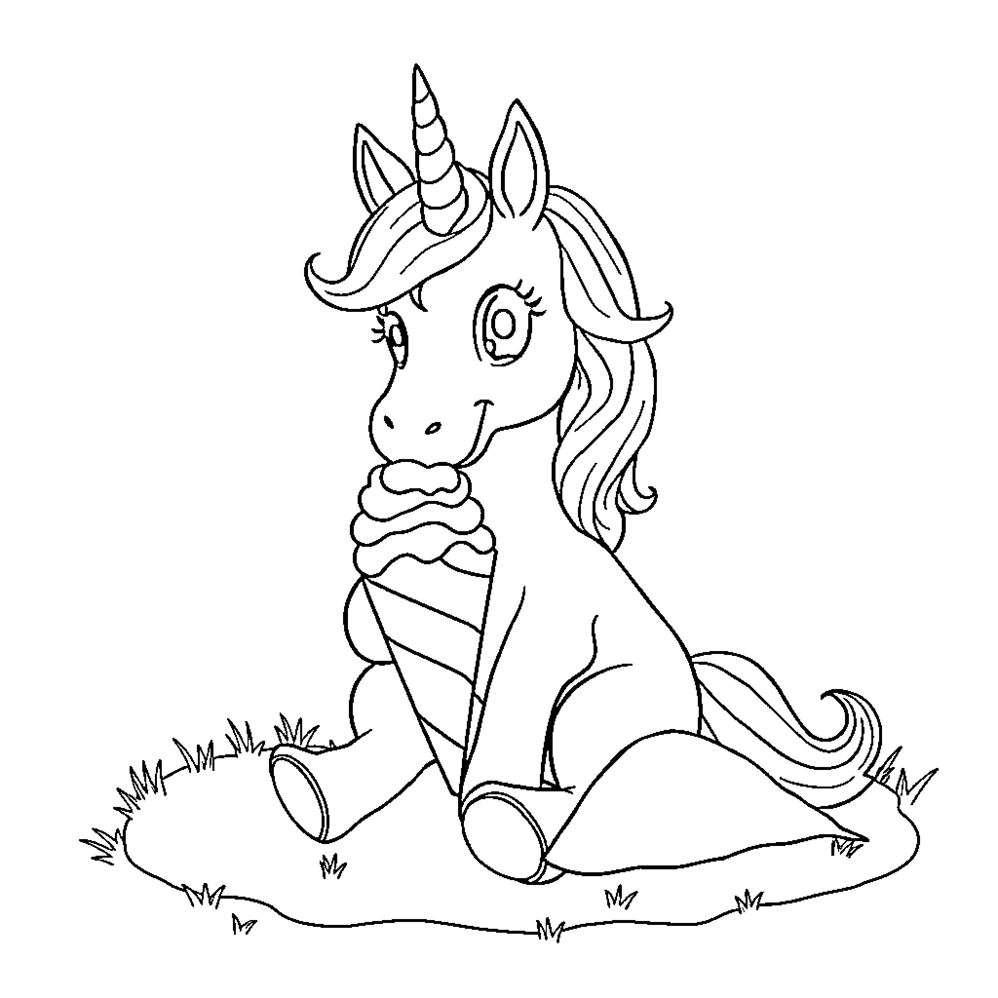 Unicorn enjoying a sweet treat outdoors Coloring Page (free black-and-white line drawing printable PDF for all, from beginners to advanced learners, including children, teens, adults, and seniors)