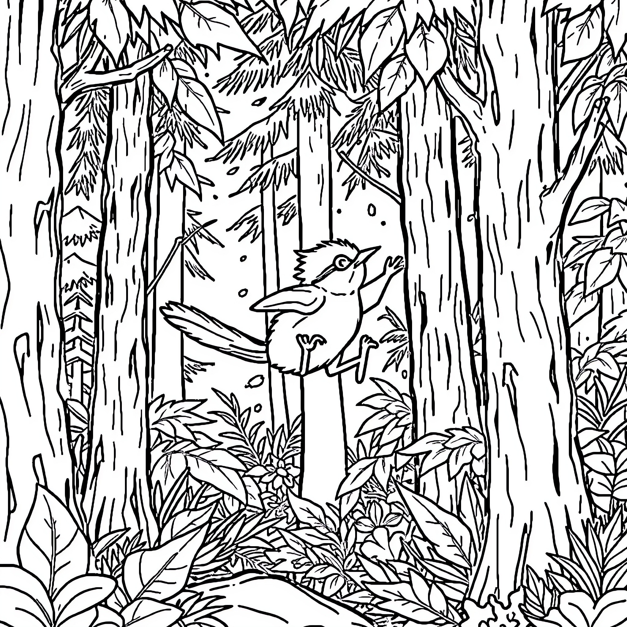 Monito del Monte exploring the lush forest Coloring Page (free black-and-white line drawing printable PDF for all, from beginners to advanced learners, including children, teens, adults, and seniors)