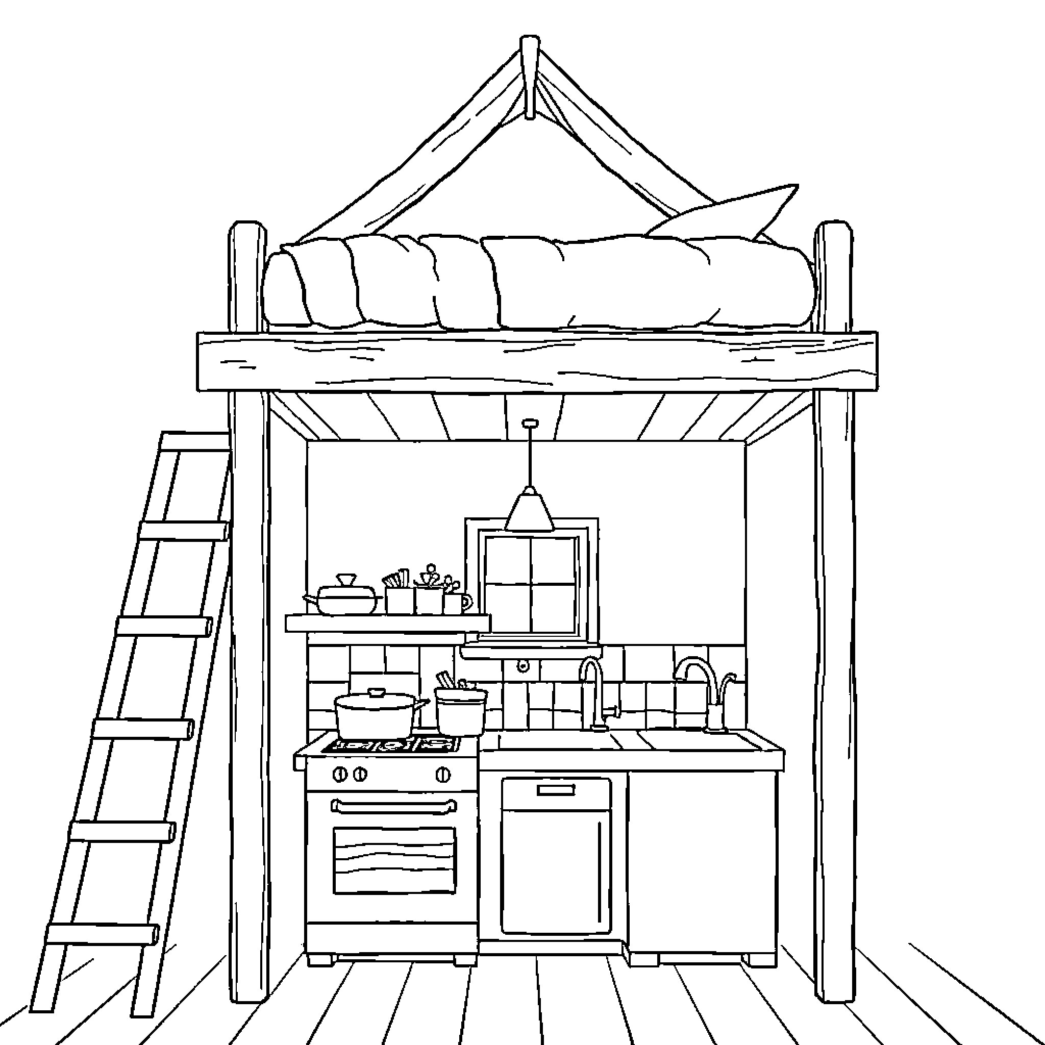 Loft Bed with Kitchenette Below Coloring Page (free black-and-white line drawing printable PDF for all, from beginners to advanced learners, including children, teens, adults, and seniors)
