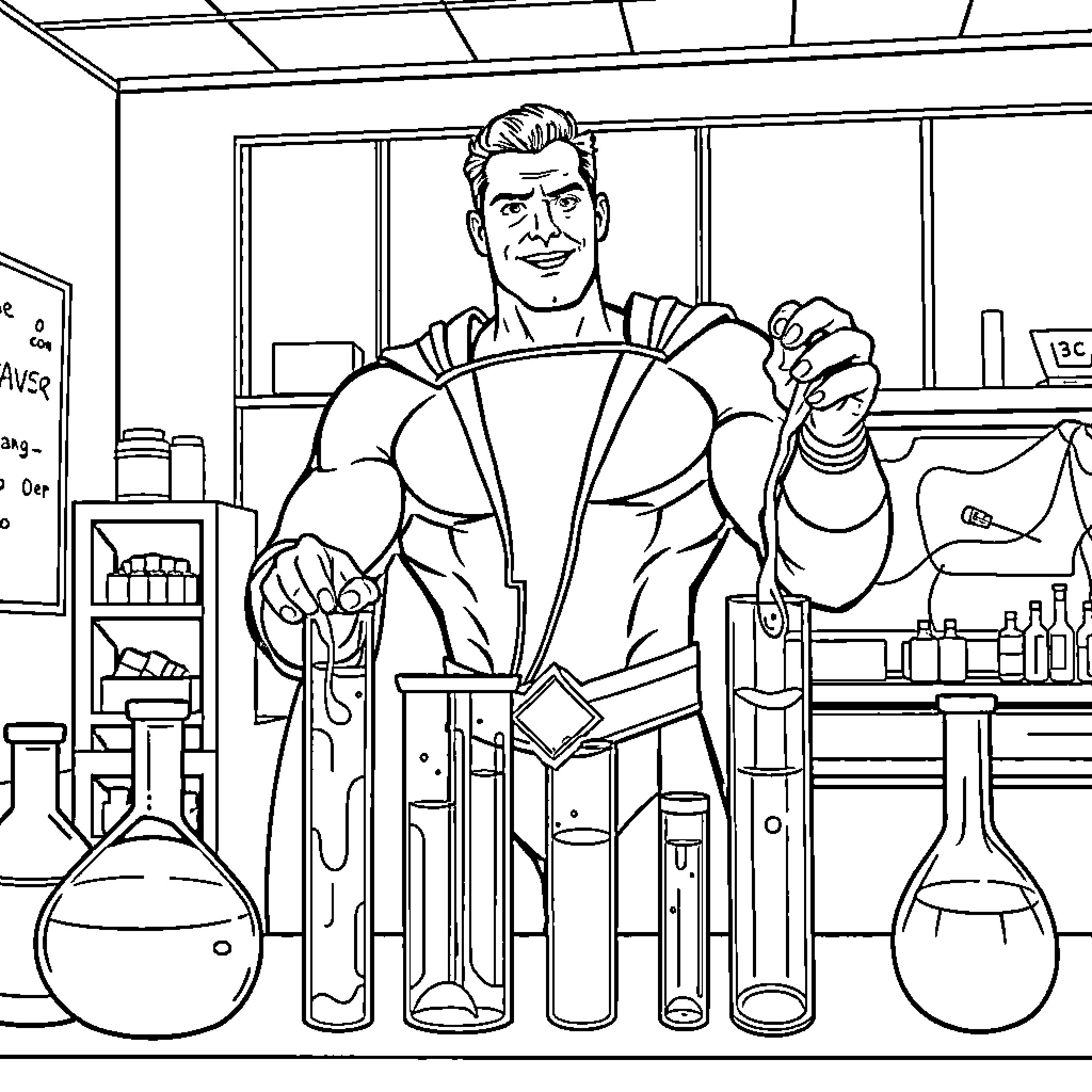 Superhero scientist conducting experiments in the lab Coloring Page (free black-and-white line drawing printable PDF for all, from beginners to advanced learners, including children, teens, adults, and seniors)