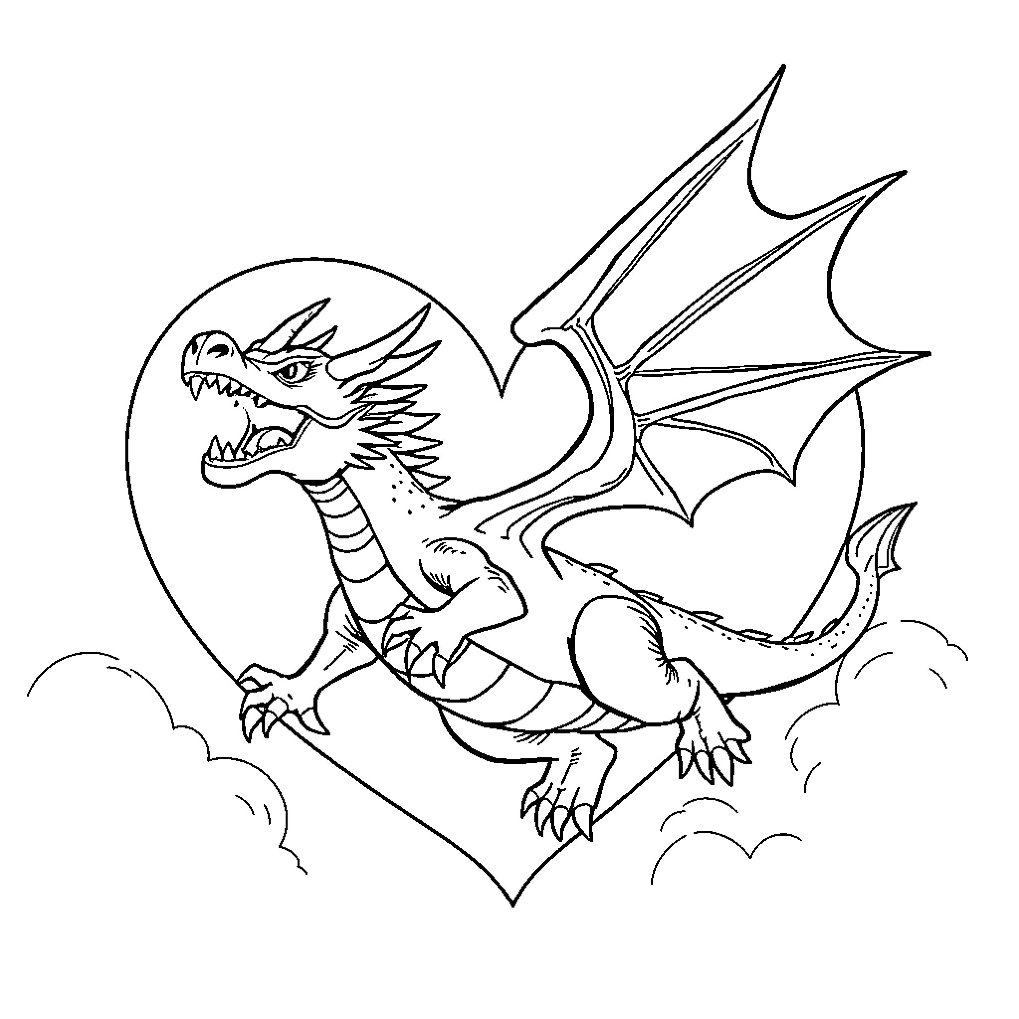 Dragon soaring through clouds with outstretched wings Coloring Page (free black-and-white line drawing printable PDF for all, from beginners to advanced learners, including children, teens, adults, and seniors)