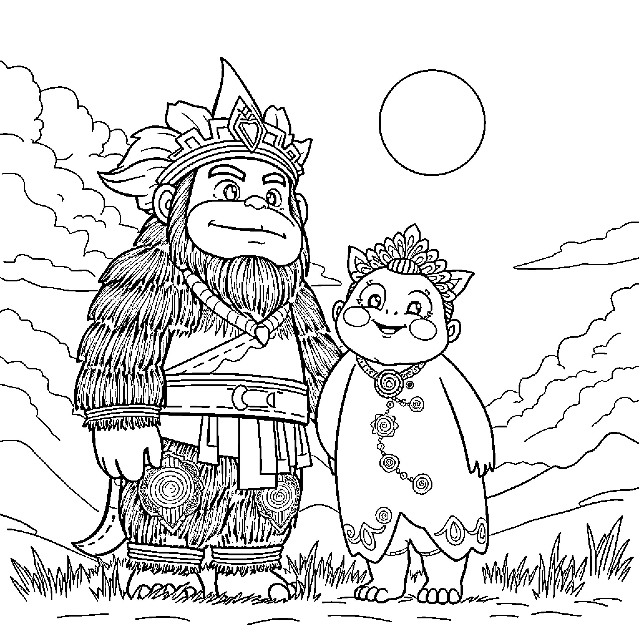 Garanma's Mystical Journey with Vibrant Companion Coloring Page (free black-and-white line drawing printable PDF for all, from beginners to advanced learners, including children, teens, adults, and seniors)