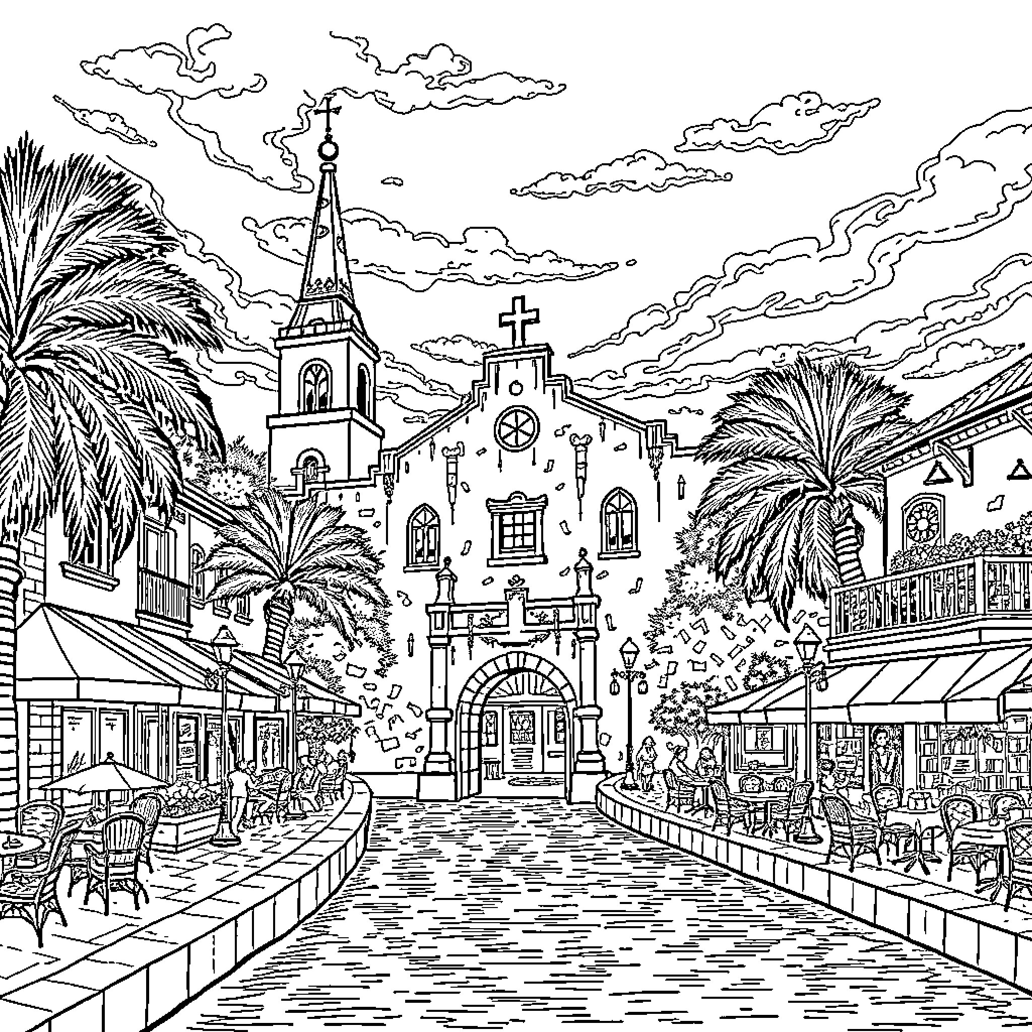 San Antonio architectural scene with bustling marketplace Coloring Page (free black-and-white line drawing printable PDF for all, from beginners to advanced learners, including children, teens, adults, and seniors)