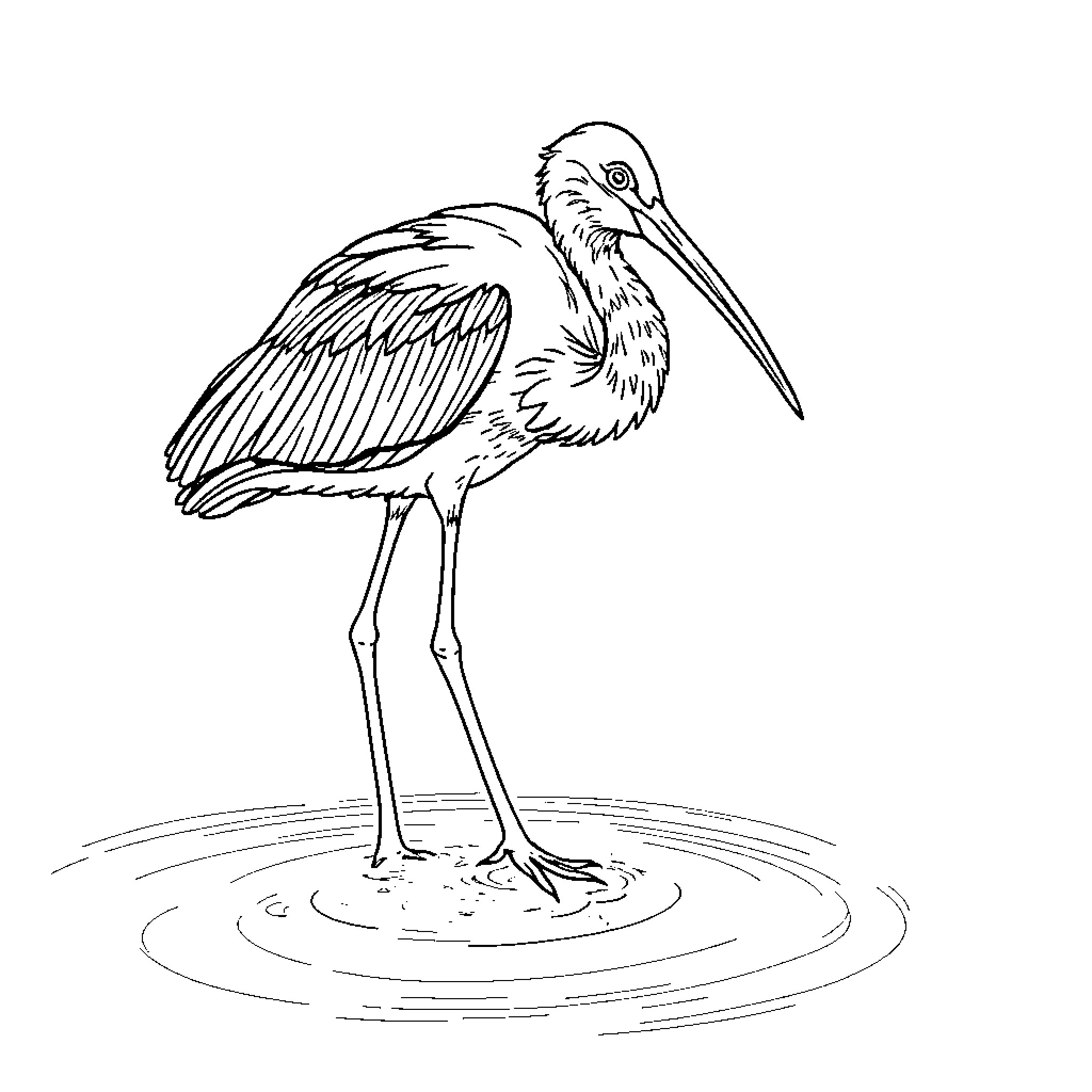 Ibis wading in tranquil waters Coloring Page (free black-and-white line drawing printable PDF for all, from beginners to advanced learners, including children, teens, adults, and seniors)