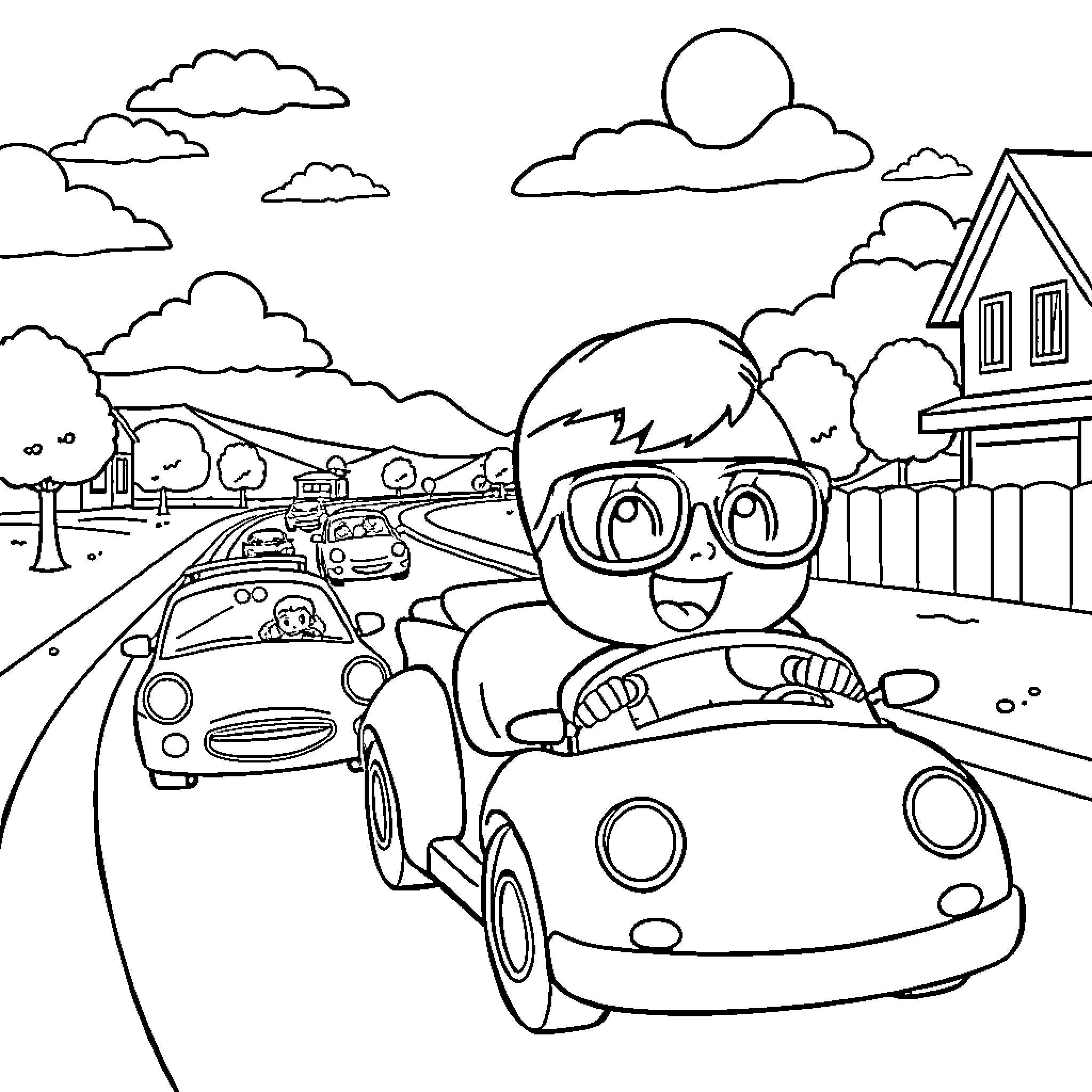 Booba driving a car on a sunny day Coloring Page (free black-and-white line drawing printable PDF for all, from beginners to advanced learners, including children, teens, adults, and seniors)