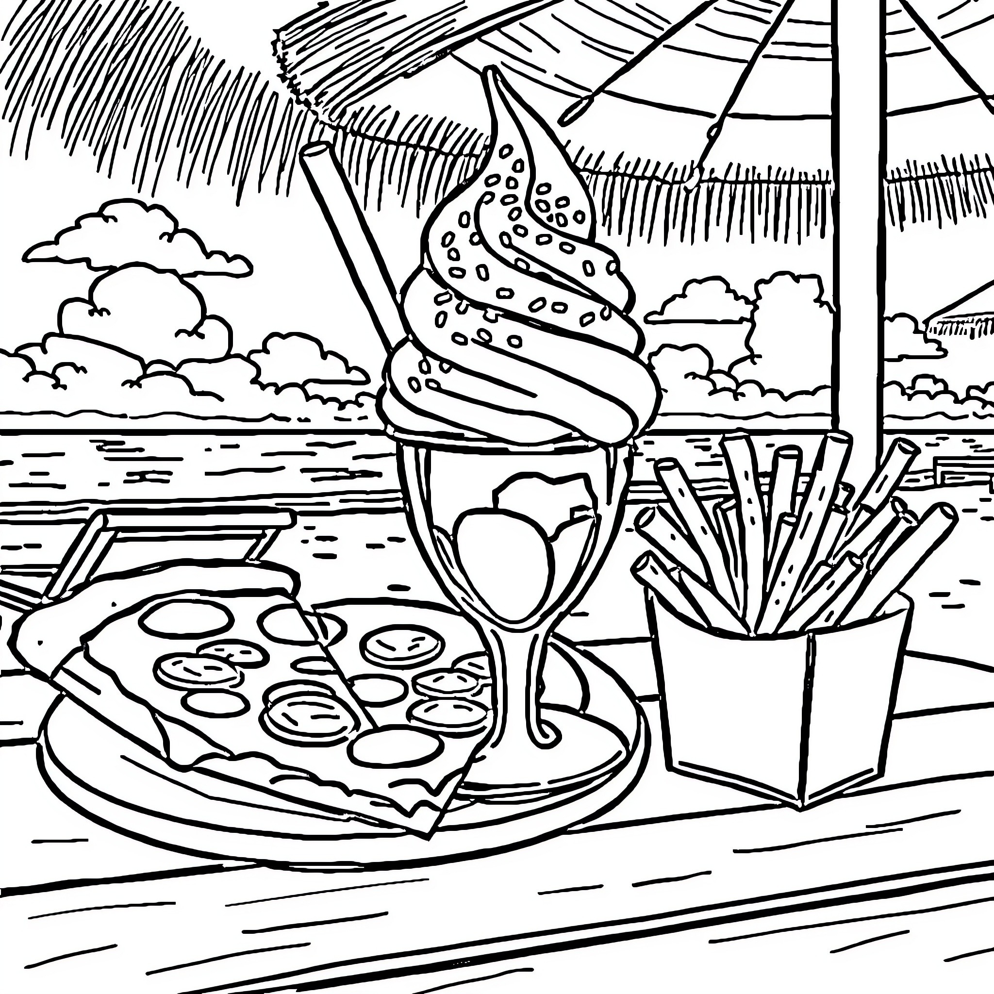 Ice Cream by the Beach Coloring Page (free black-and-white line drawing printable PDF for all, from beginners to advanced learners, including children, teens, adults, and seniors)