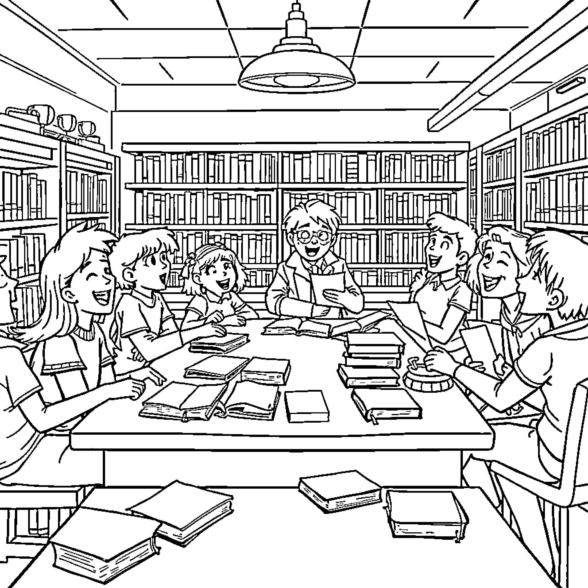 Library: Students studying together in the reading room Coloring Page (free black-and-white line drawing printable PDF for all, from beginners to advanced learners, including children, teens, adults, and seniors)