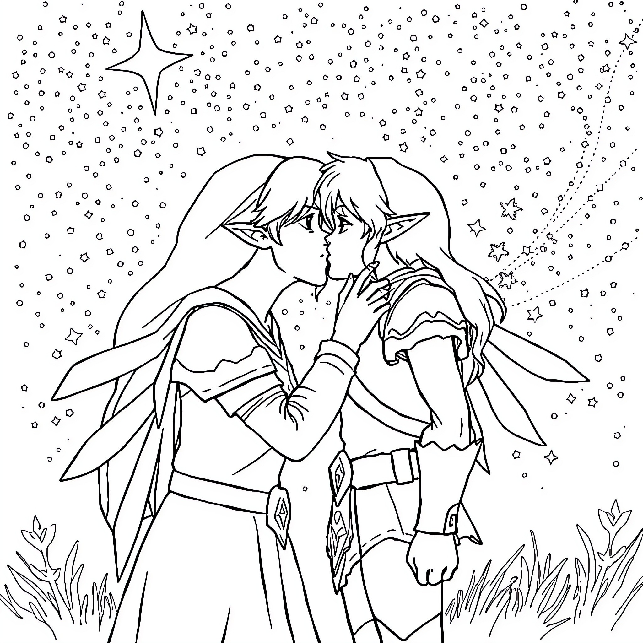 Link and Zelda in a starry night Coloring Page (free black-and-white line drawing printable PDF for all, from beginners to advanced learners, including children, teens, adults, and seniors)