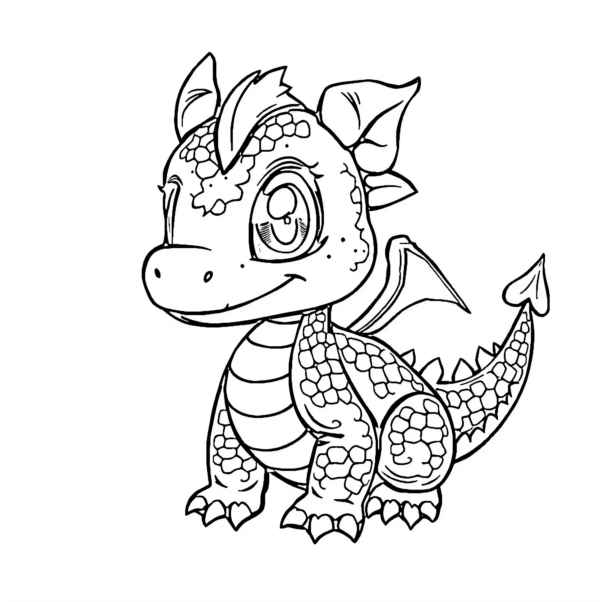 Dragon with Whimsical Appearance and Detailed Patterns Coloring Page (free black-and-white line drawing printable PDF for all, from beginners to advanced learners, including children, teens, adults, and seniors)