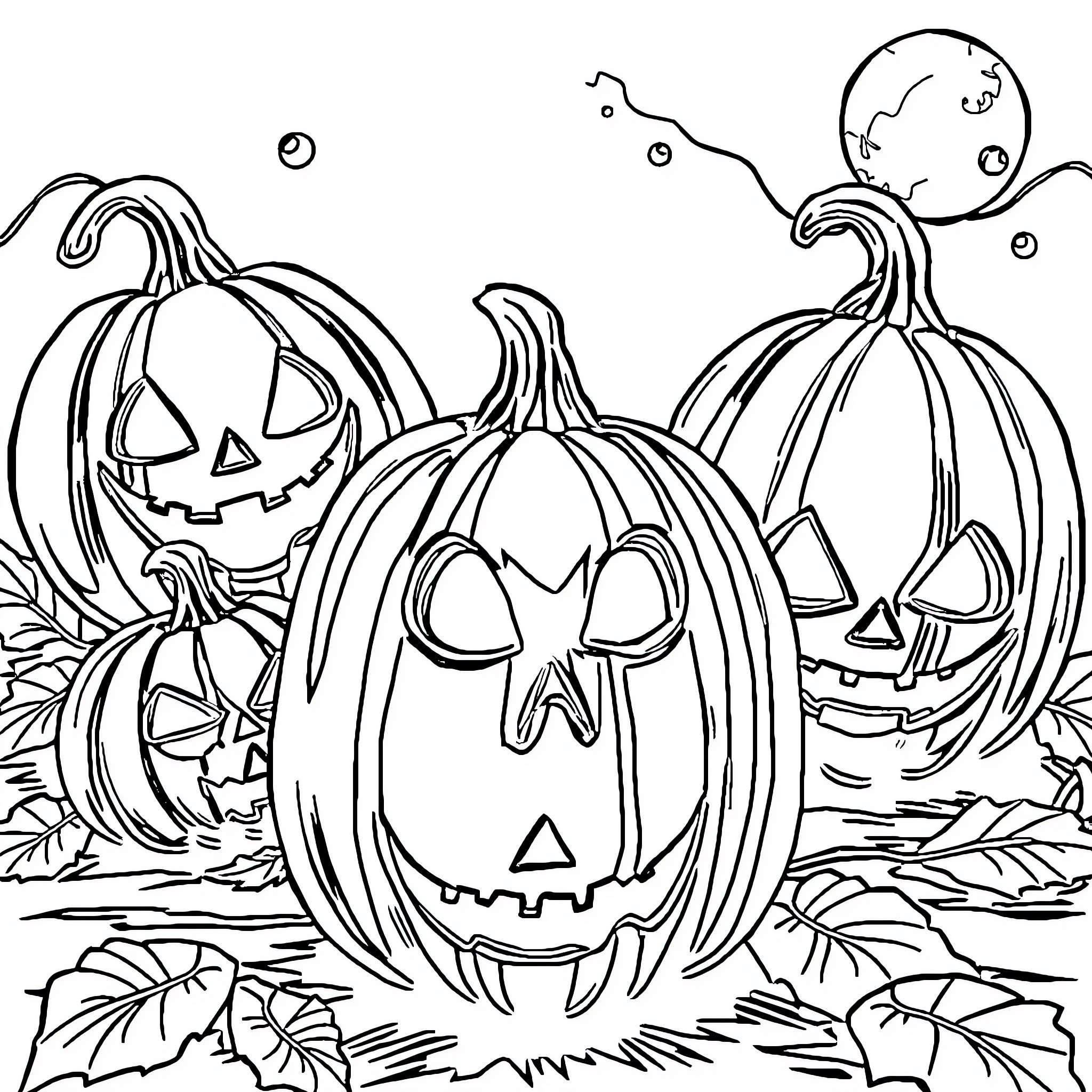 Pumpkins with Jack-o'-lantern faces in spooky scene Coloring Page (free black-and-white line drawing printable PDF for all, from beginners to advanced learners, including children, teens, adults, and seniors)