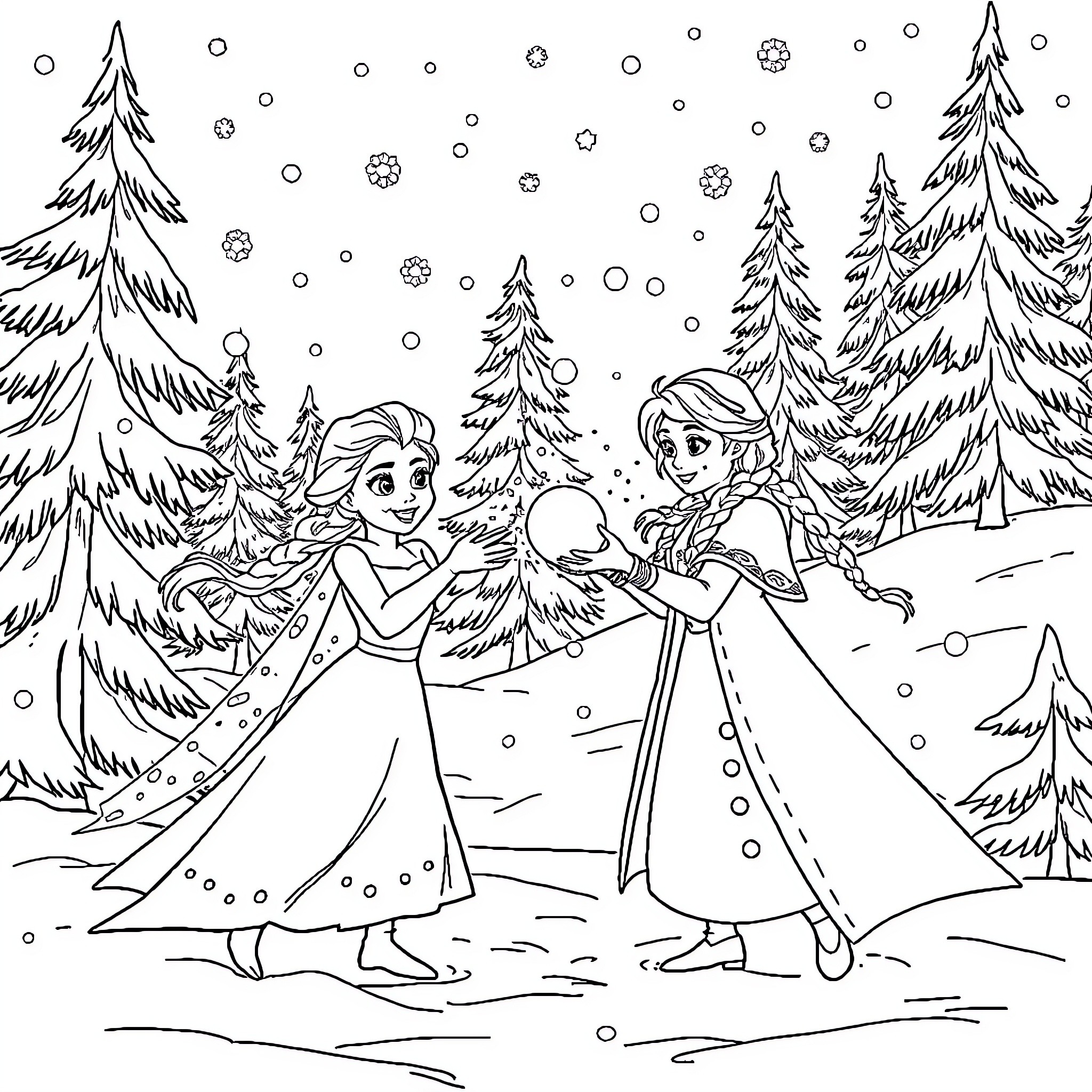 Elsa and Anna playing in the snowy forest Coloring Page (free black-and-white line drawing printable PDF for all, from beginners to advanced learners, including children, teens, adults, and seniors)