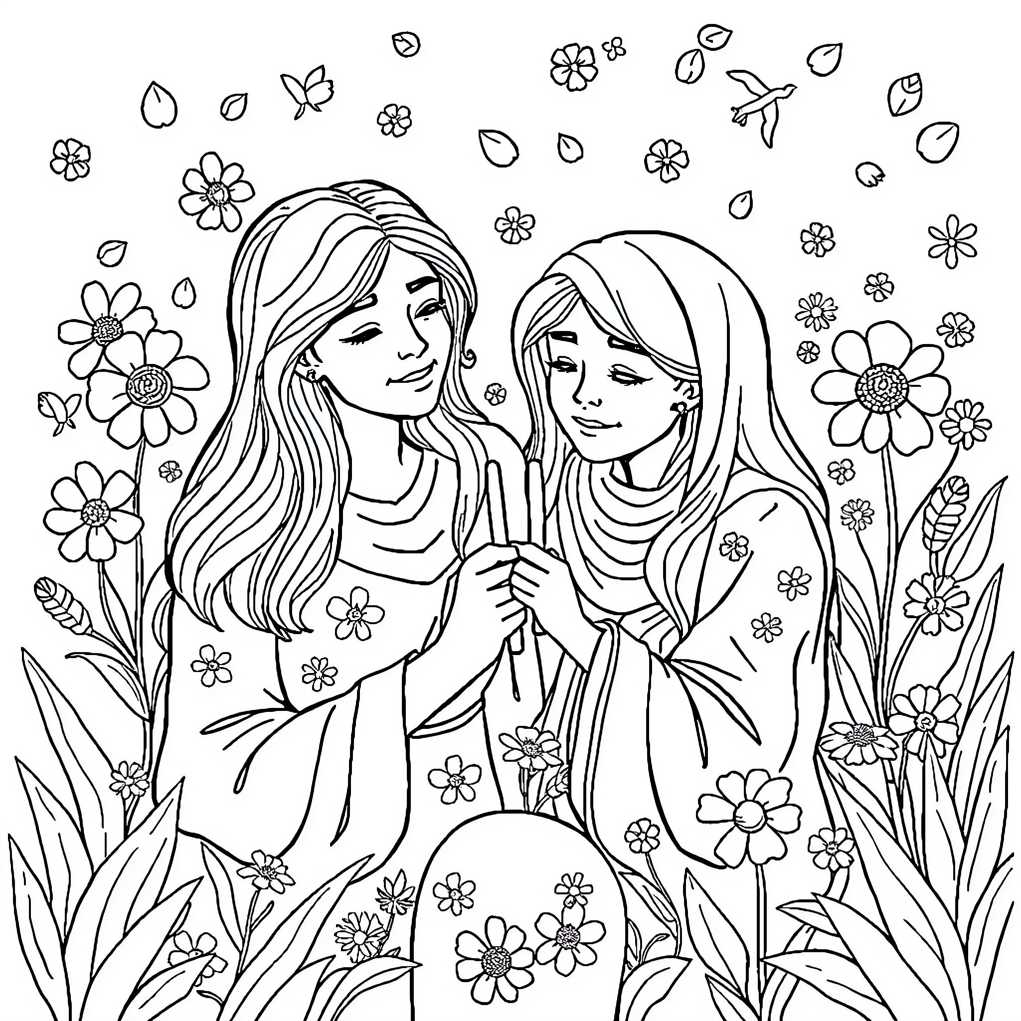 Mama and Daughter in Flower Garden Coloring Page (free black-and-white line drawing printable PDF for all, from beginners to advanced learners, including children, teens, adults, and seniors)