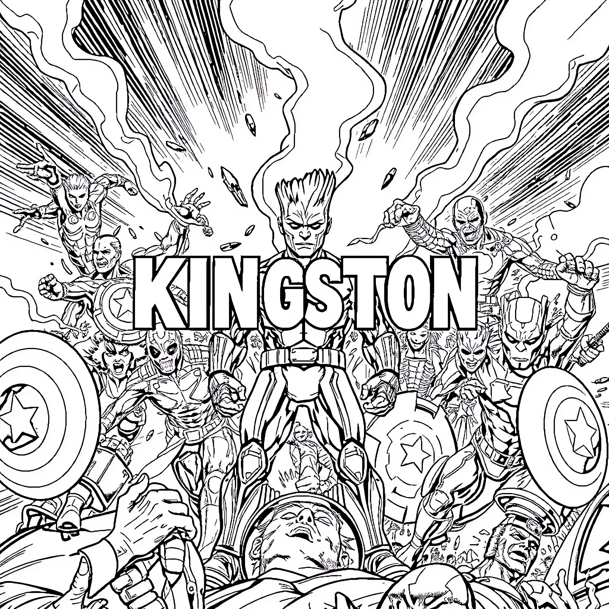 Marvel Characters in Epic Battle Scenes Coloring Page (free black-and-white line drawing printable PDF for all, from beginners to advanced learners, including children, teens, adults, and seniors)