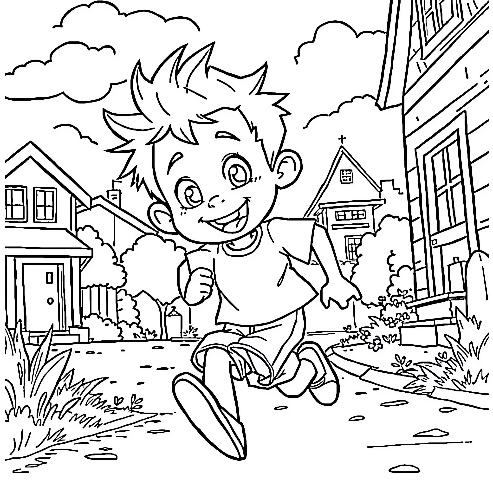 Titeuf playing joyfully in a neighborhood Coloring Page (free black-and-white line drawing printable PDF for all, from beginners to advanced learners, including children, teens, adults, and seniors)
