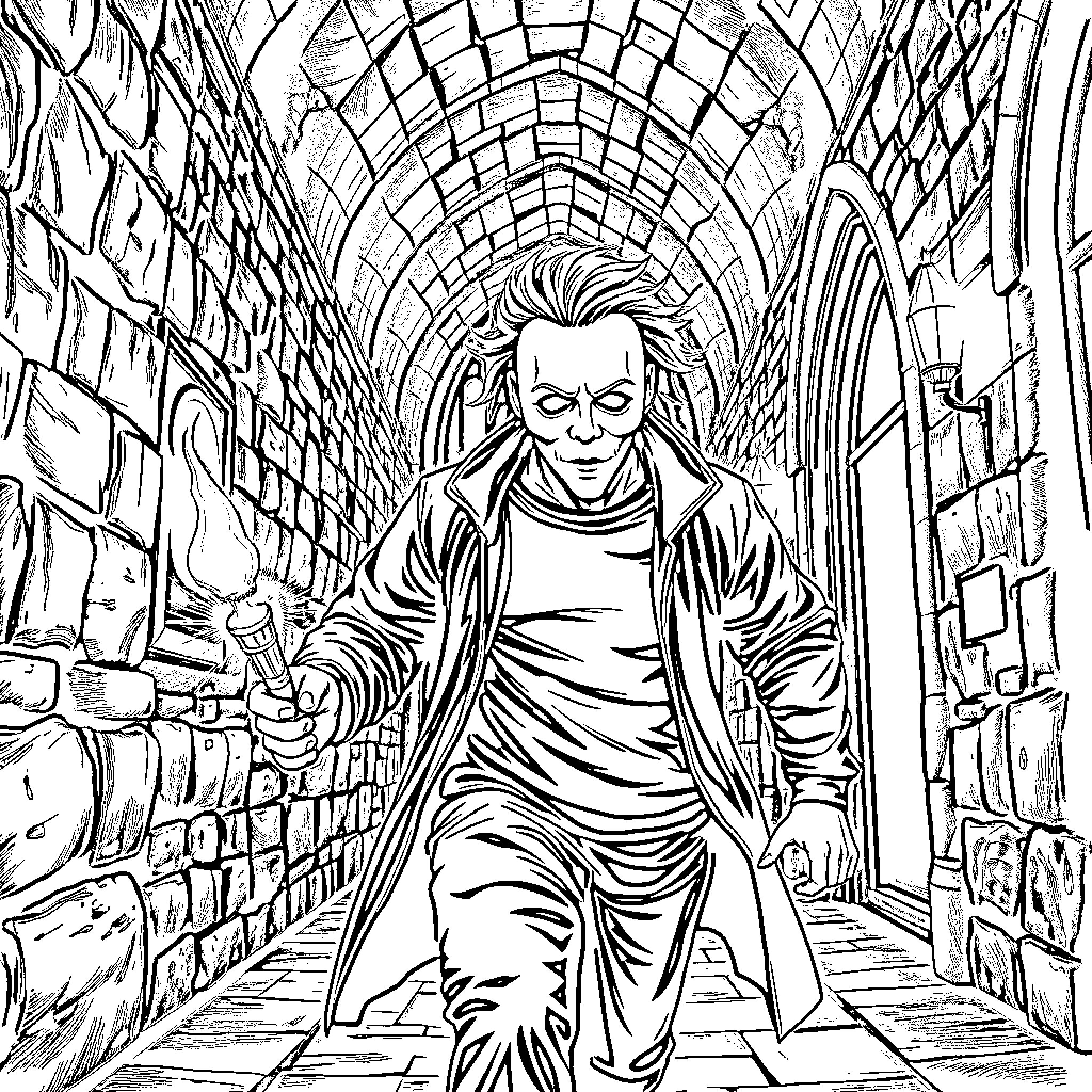 Michael Myers stalking through the shadows Coloring Page (free black-and-white line drawing printable PDF for all, from beginners to advanced learners, including children, teens, adults, and seniors)
