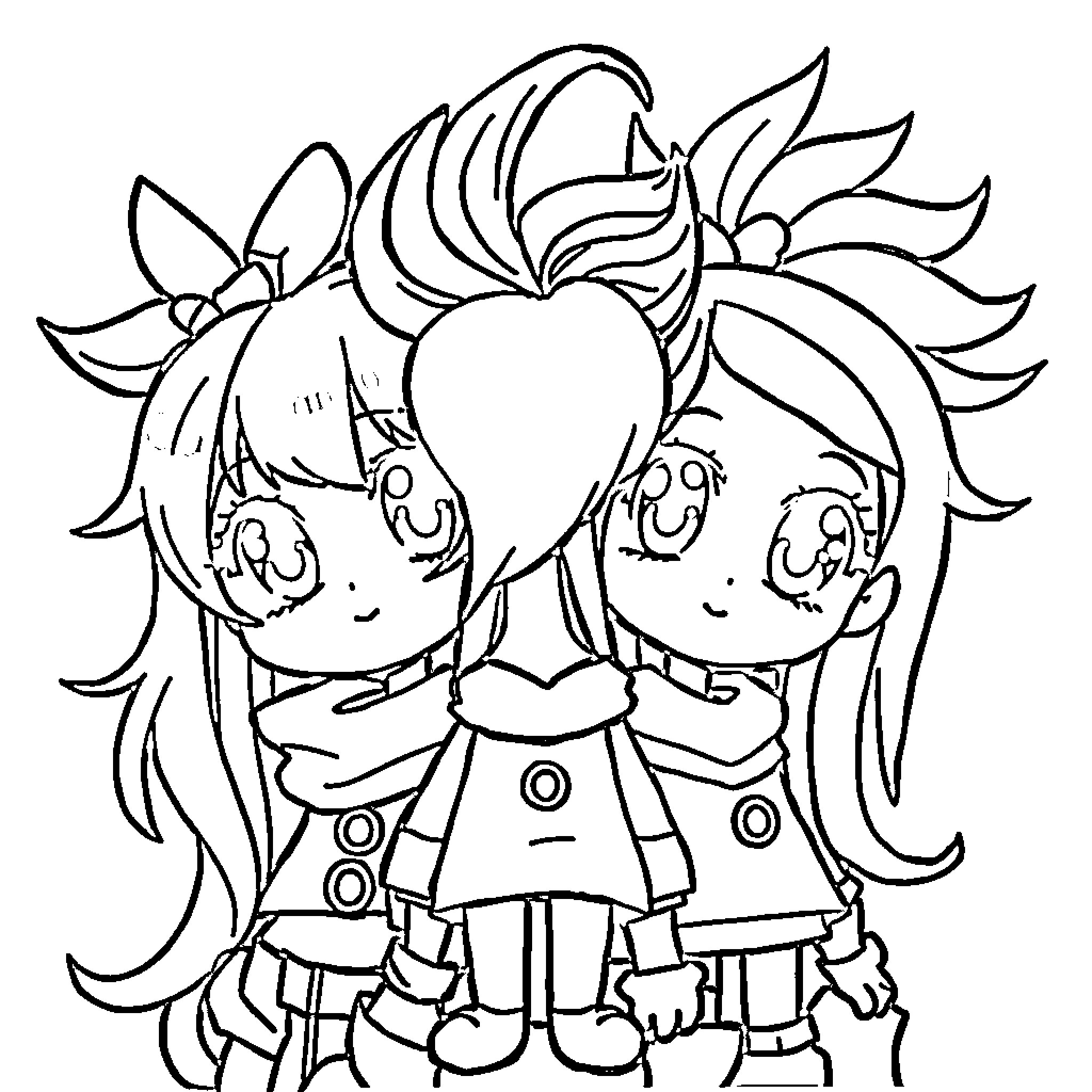 Anime Characters in Playful Embrace Coloring Page (free black-and-white line drawing printable PDF for all, from beginners to advanced learners, including children, teens, adults, and seniors)