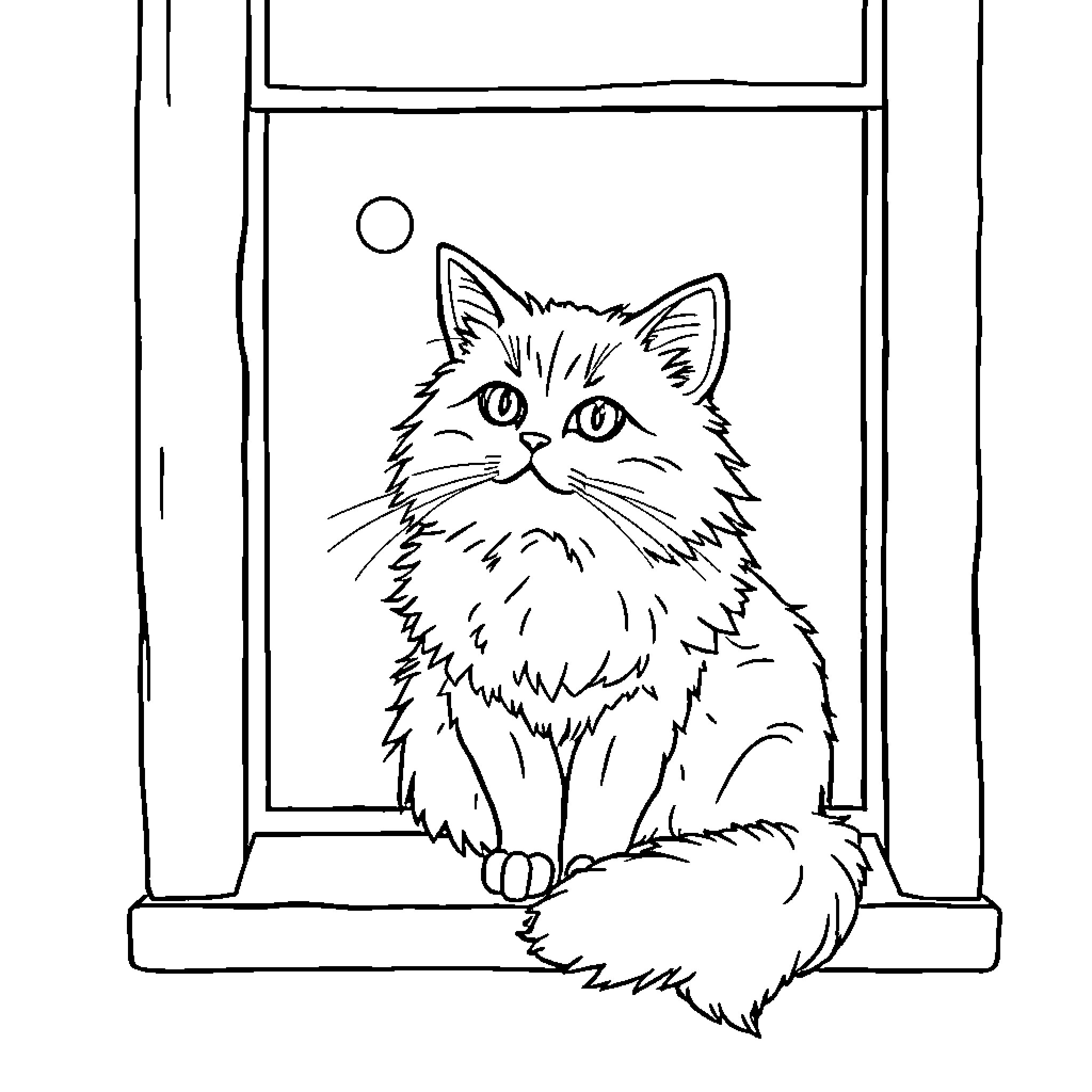 Cat sitting by the window Coloring Page (free black-and-white line drawing printable PDF for all, from beginners to advanced learners, including children, teens, adults, and seniors)